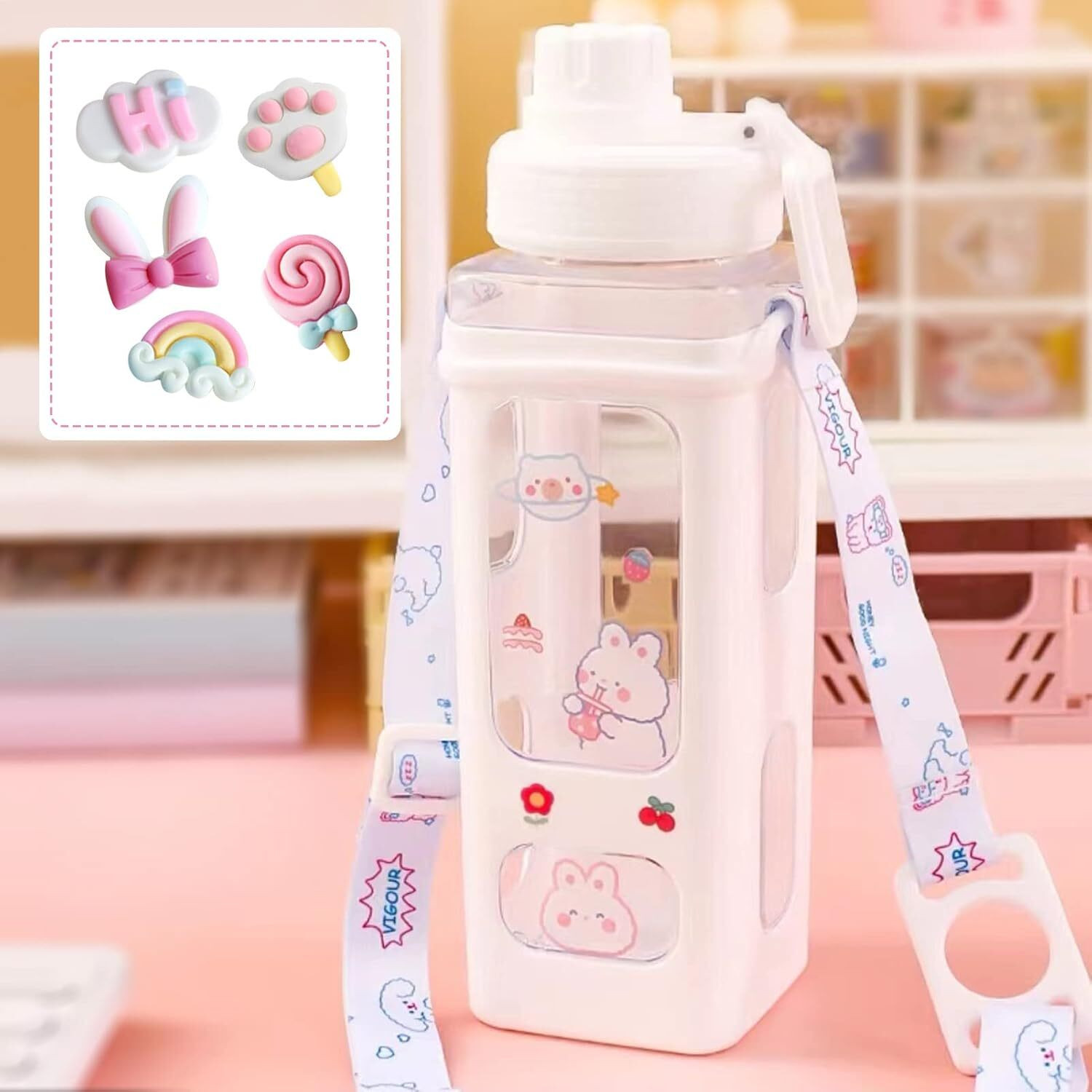 Image of DHANVI ENTERPRISE Cute 700ml Kawaii Water Bottle with Straw 3D Sticker and Stickers with belt 700 ml Plastic Sipper