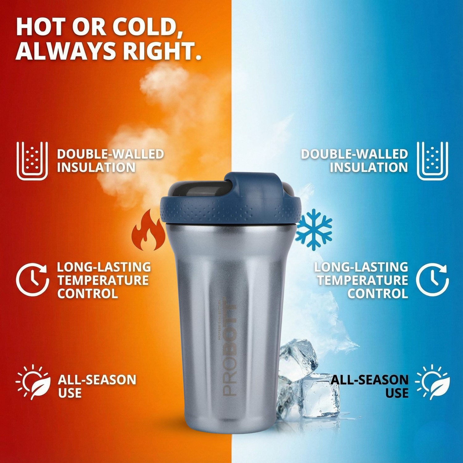 Image of PROBOTT Thermosteel Elegant Shaker for Protein Shake Gym -Blue 500 ml Steel Shaker