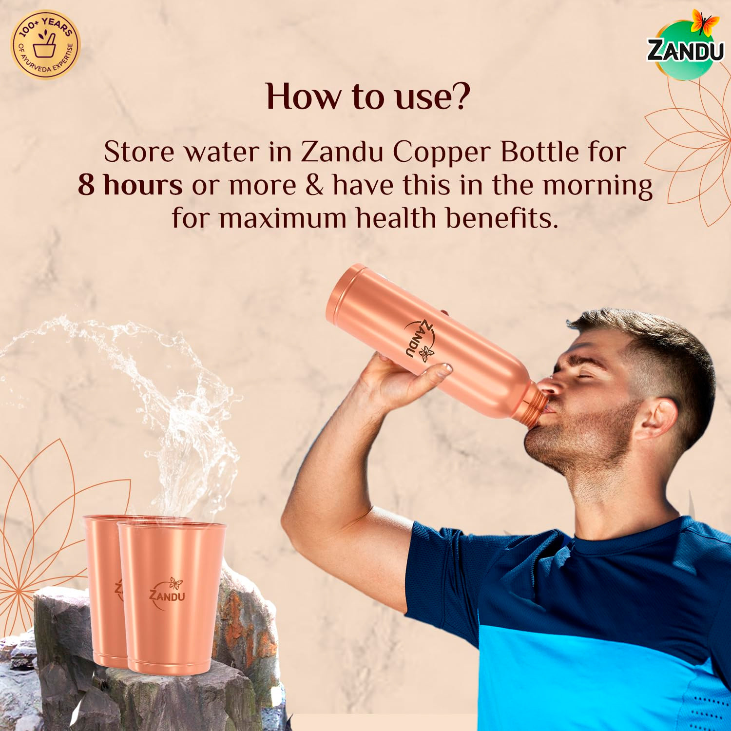 Image of ZANDU Gift Set Pack (1 Bottle & 2 Tumbler) 1550 ml Copper Bottle With Drinking Glass