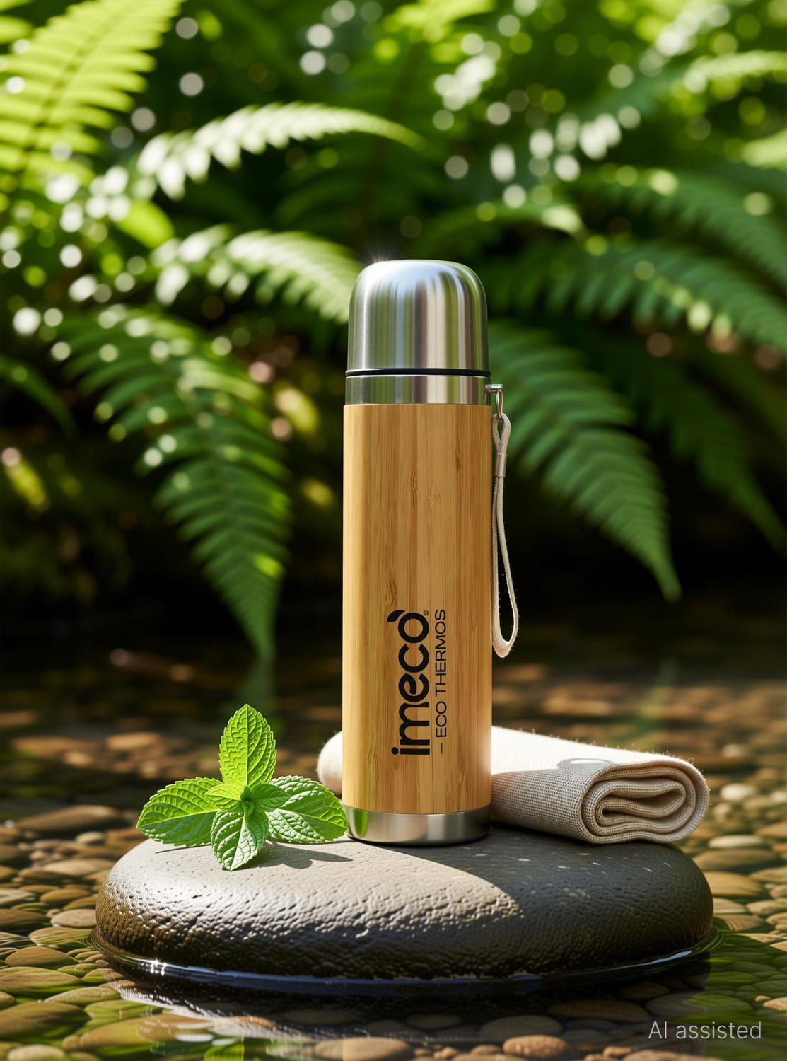 Image of IMECO Thermosteel Water Bottle Vaccum Insulated 24 Hours Hot & Cold Thermos Flask 450 ml Bamboo Flask