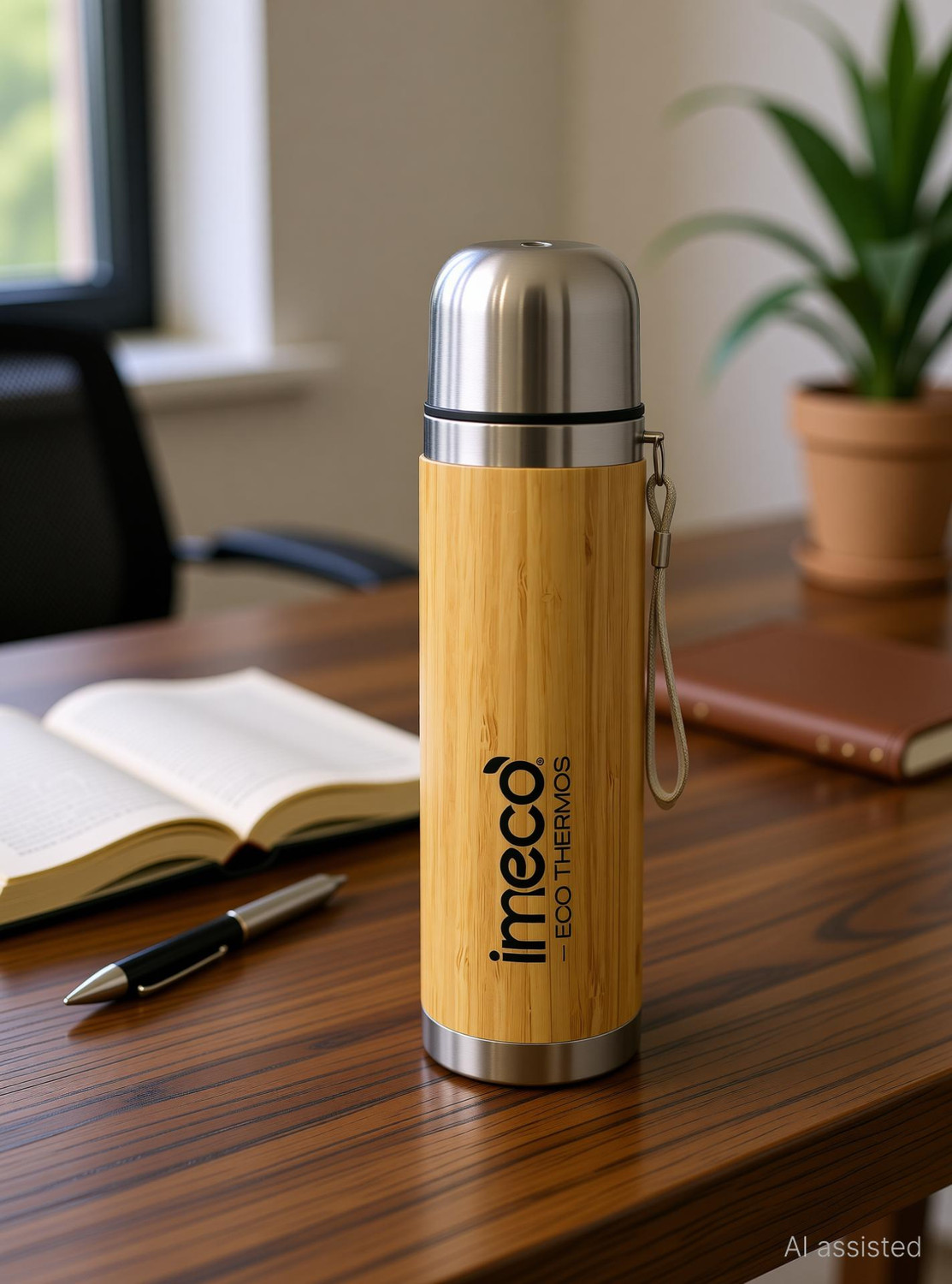 Image of IMECO Thermosteel Water Bottle Vaccum Insulated 24 Hours Hot & Cold Thermos Flask 450 ml Bamboo Flask