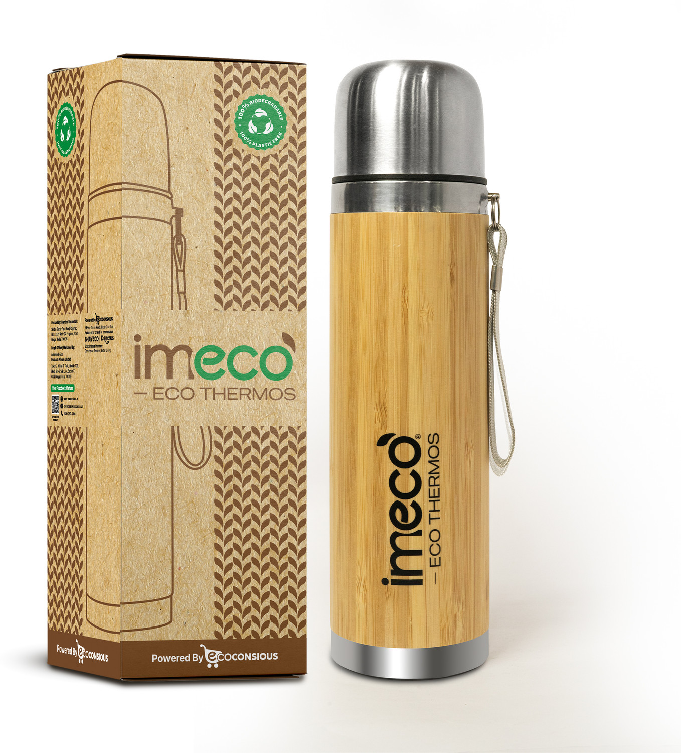 Image of IMECO Thermosteel Water Bottle Vaccum Insulated 24 Hours Hot & Cold Thermos Flask 450 ml Bamboo Flask