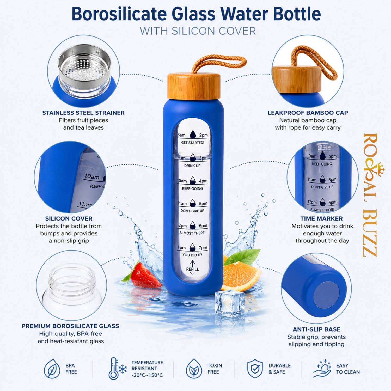 Royal Buzz 1L Borosilicate Glass Water Bottle - Image 4