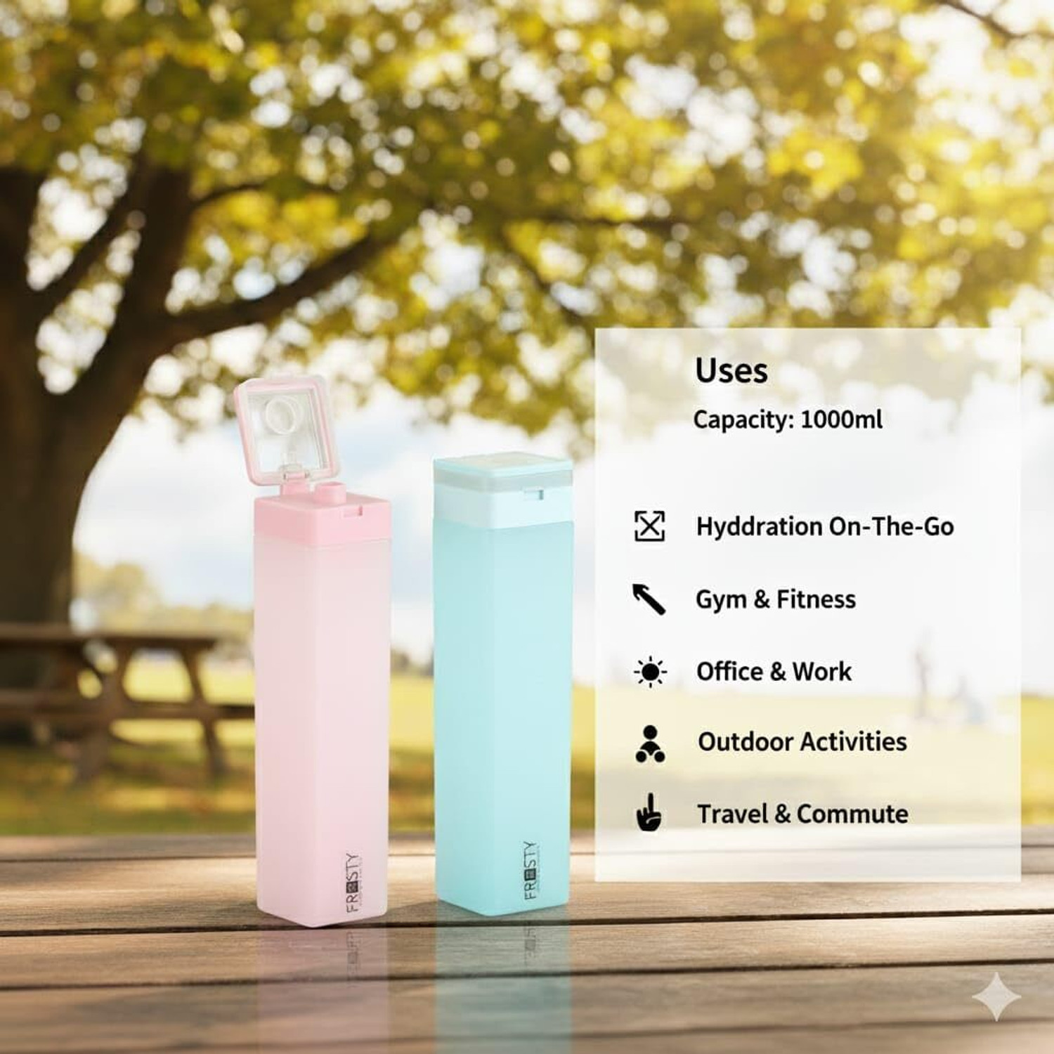 Image of ZROY ENTERPRISE Frosty Square Water Bottle with Flip Top Lid | Freezer Safe Reusable 999 ml Glass Bottle
