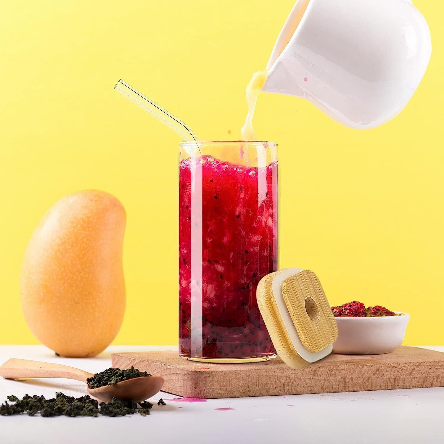 Image of kelvee Glass Tumbler with Bamboo Lids and Glass Straw, Square Shaped Drinking Glasses 350 ml Glass Shaker