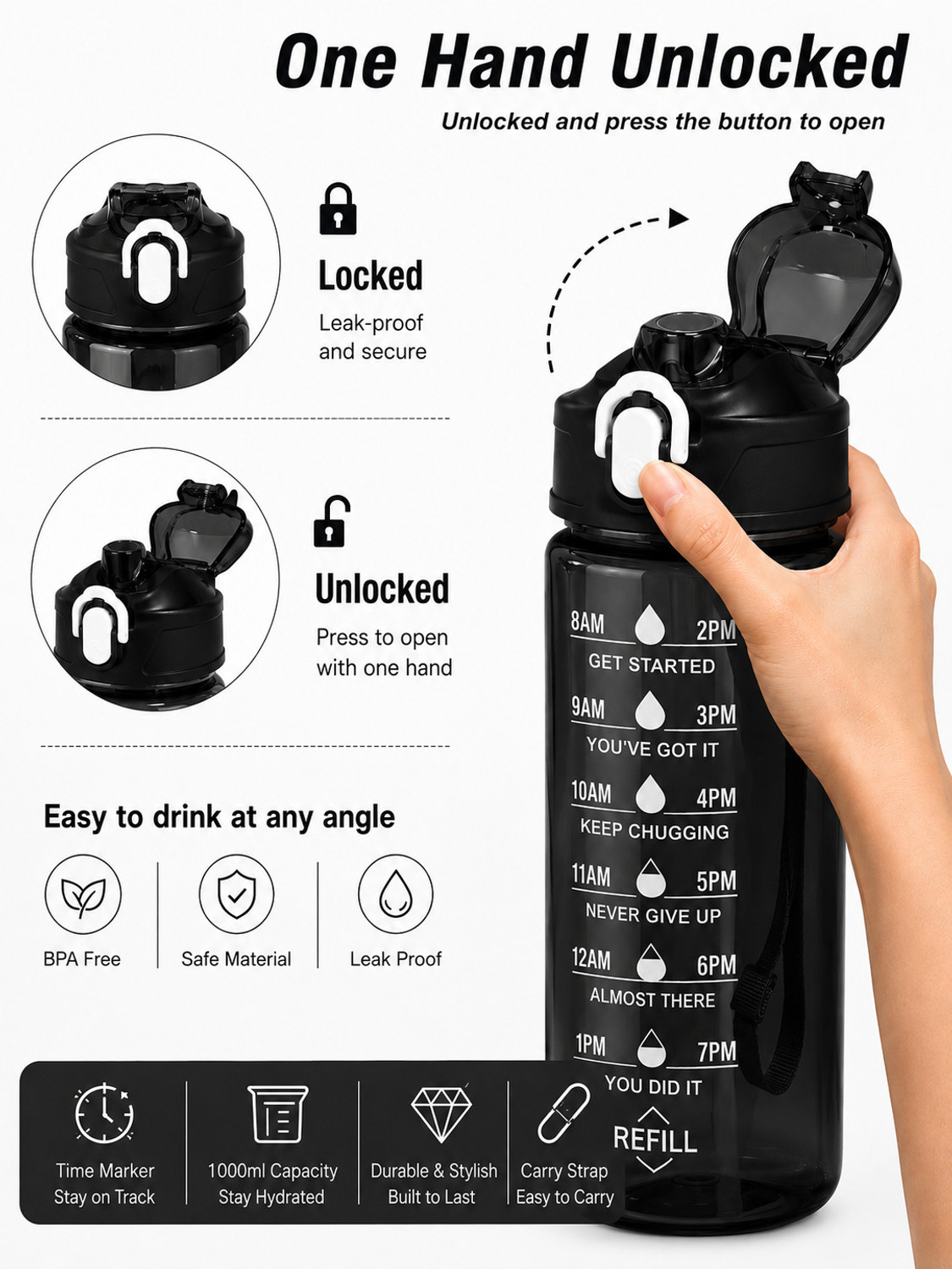 Image of kitchkart Motivational Water Bottle for Gym, Office & Travel 980 ml Plastic Bottle