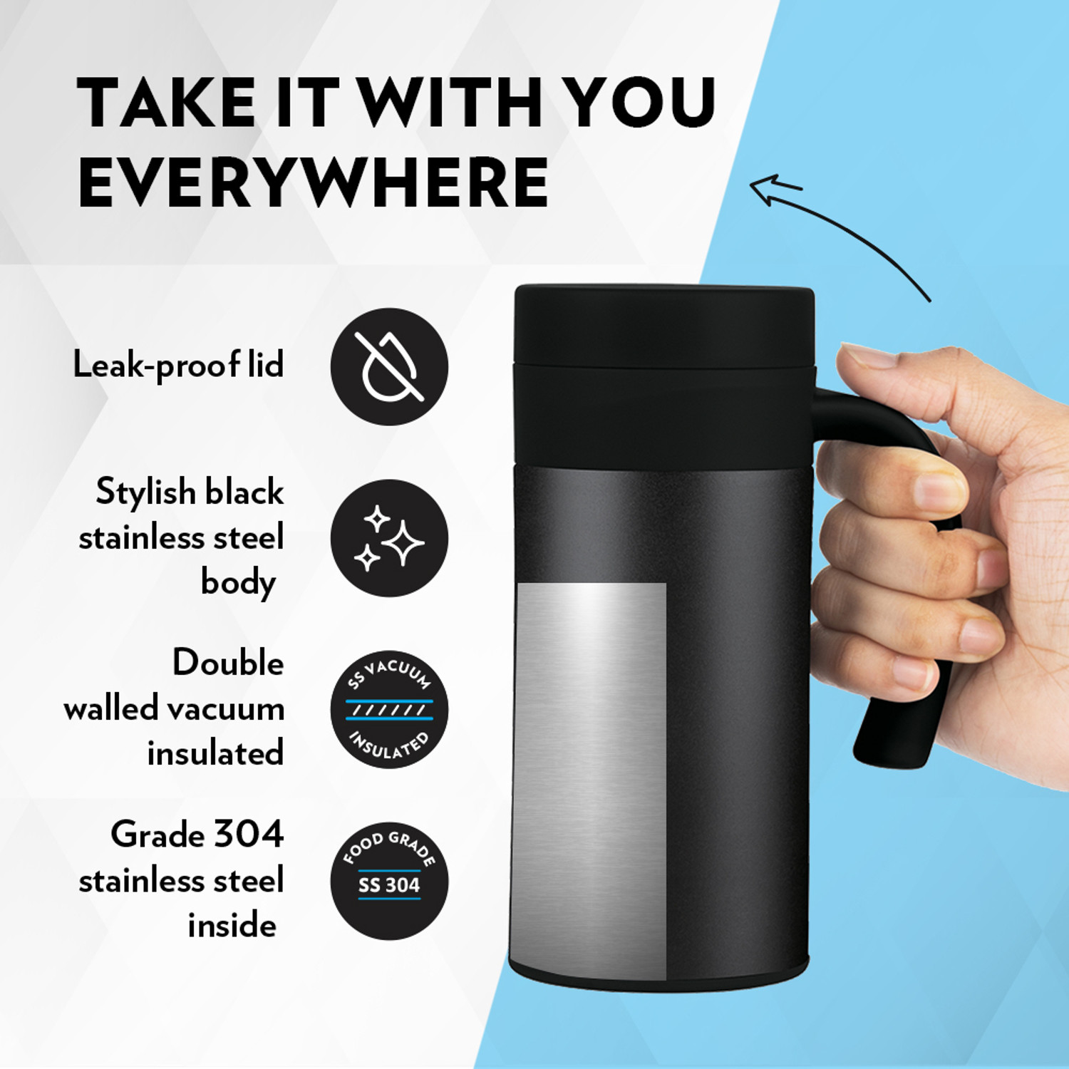 Image of BOROSIL Caf� Time Stainless Steel Vacuum Insulated Mug, 10 Hrs Hot & Cold Flask, Black 400 ml Steel Flask