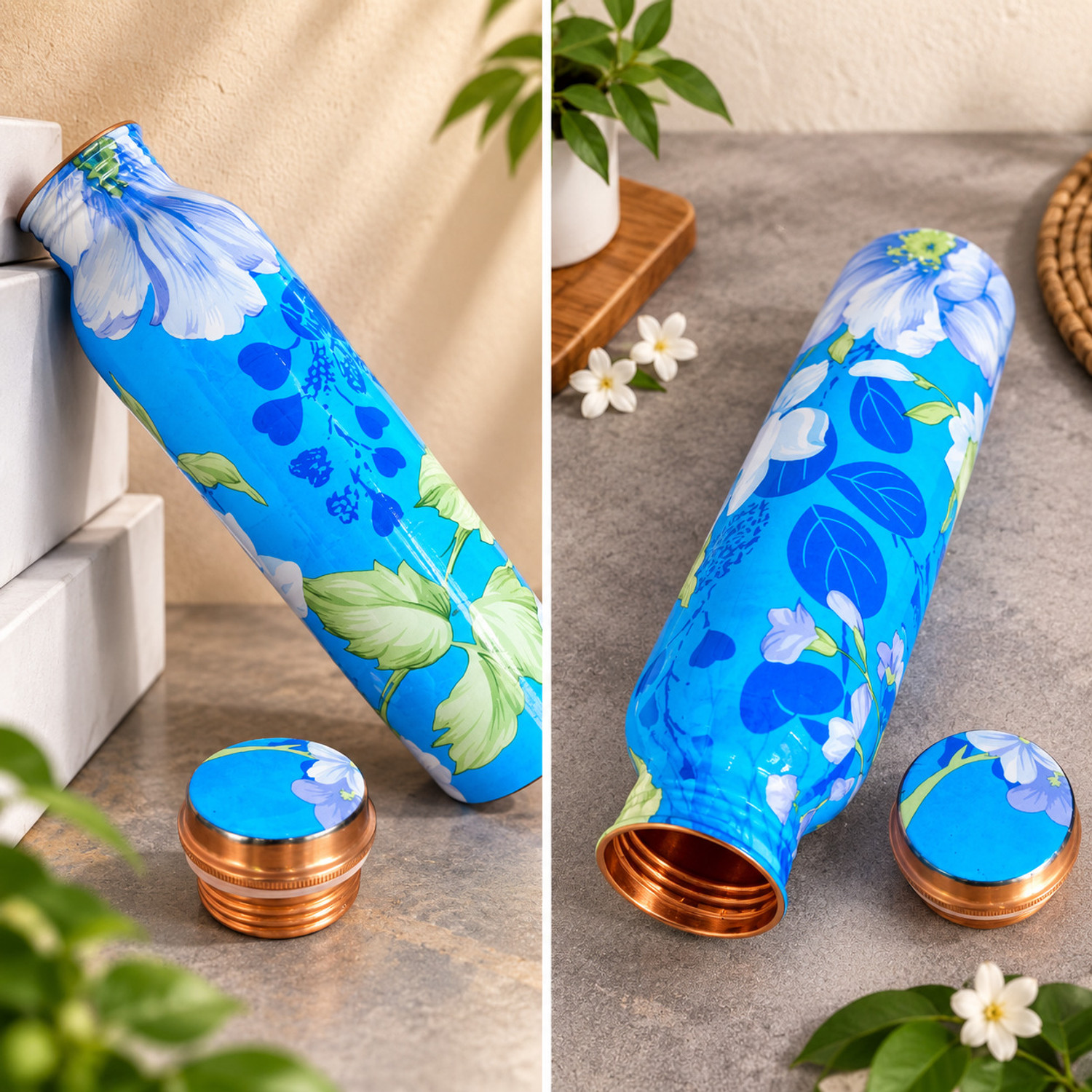 Image of copper+ Antique Blue Flower Design Pure Copper Water Bottle | Stylish & Premium 950 ml Copper Bottle (Pack of 1, Multicolor)