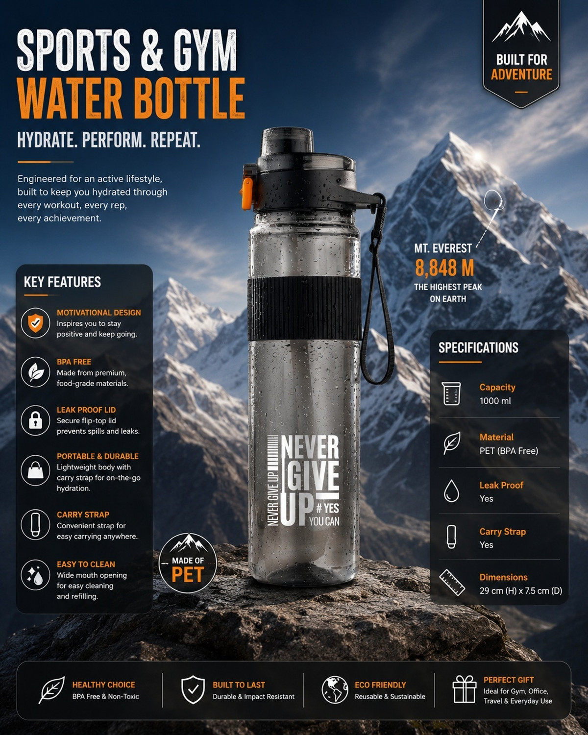 Image of DXDT 1000ML Motivational Water Bottle for Gym,Travel,Cycling,Sports,Running,Office 1000 ml Plastic Sipper