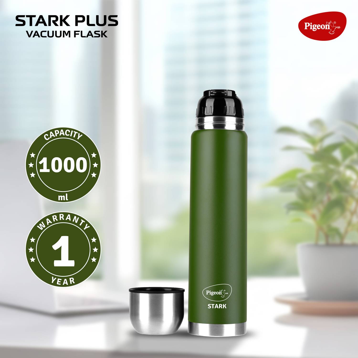 Pigeon Stark Plus 1000 ml Olive Steel Flask - Image 4