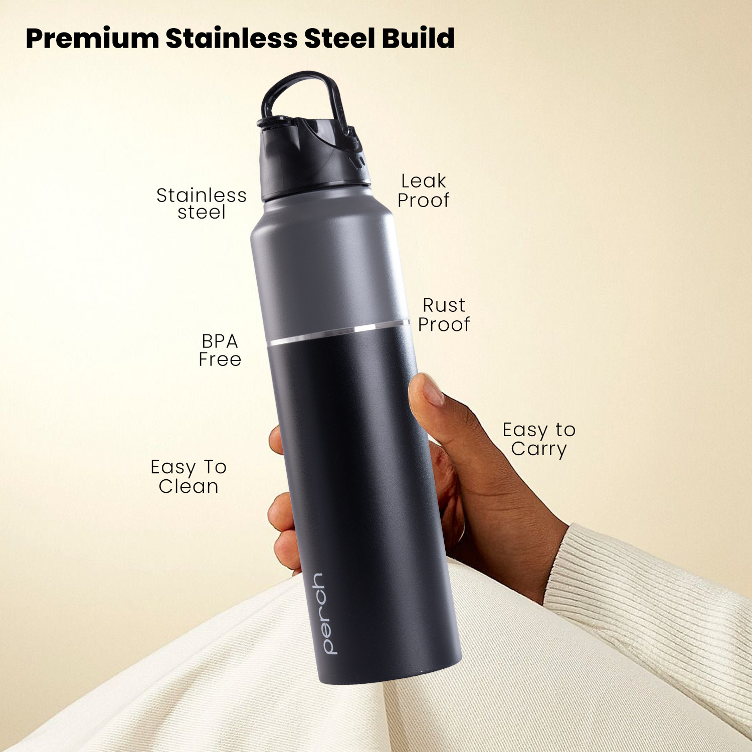 Image of PERCH Magic Leak Proof Sipper Water Bottle | Dual Cap, 1000 ml | Crafted by Pexpo 1000 ml Steel Bottle