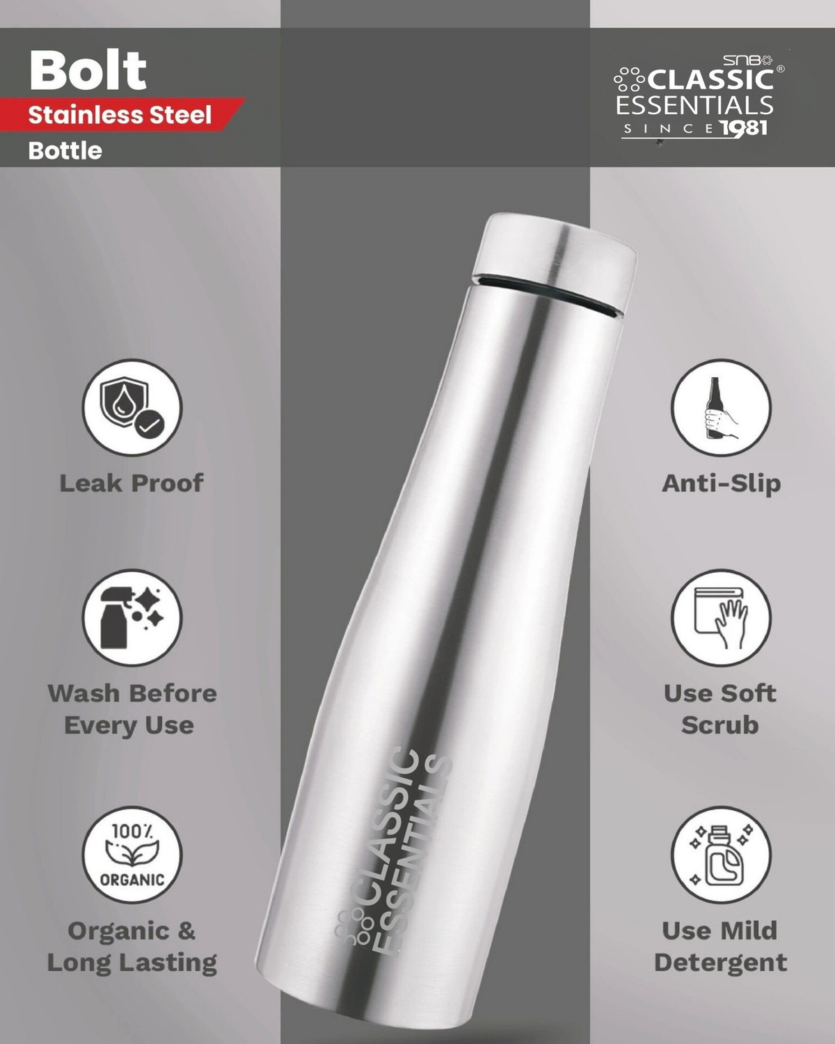 Image of Classic Essentials Stainless Steel Sports /Fridge Puro Water Bottle I Single wall 1000 ml Steel Bottle