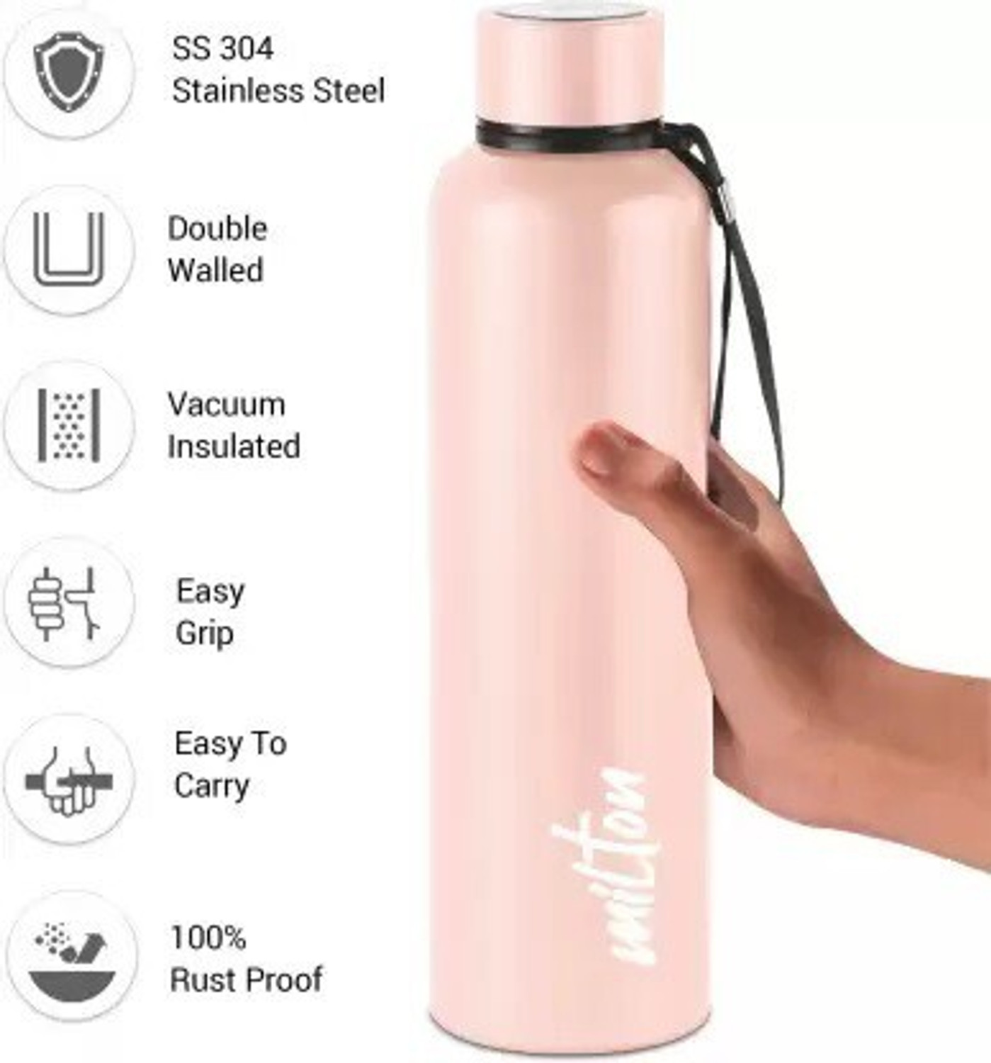 Image of MILTON Aura Thermosteel Bottle,LIGHT PINK| 24 Hours Hot and Cold Rust 1050 ml Steel Bottle