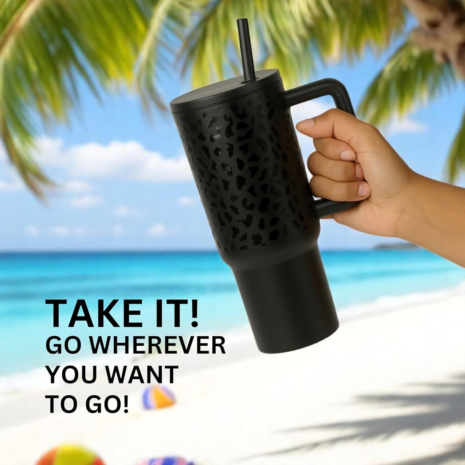 Image of cropito Insulated Tumbler with Handle & Straw, Leak Proof Travel Sipper Cup black Stainless Steel Tumbler