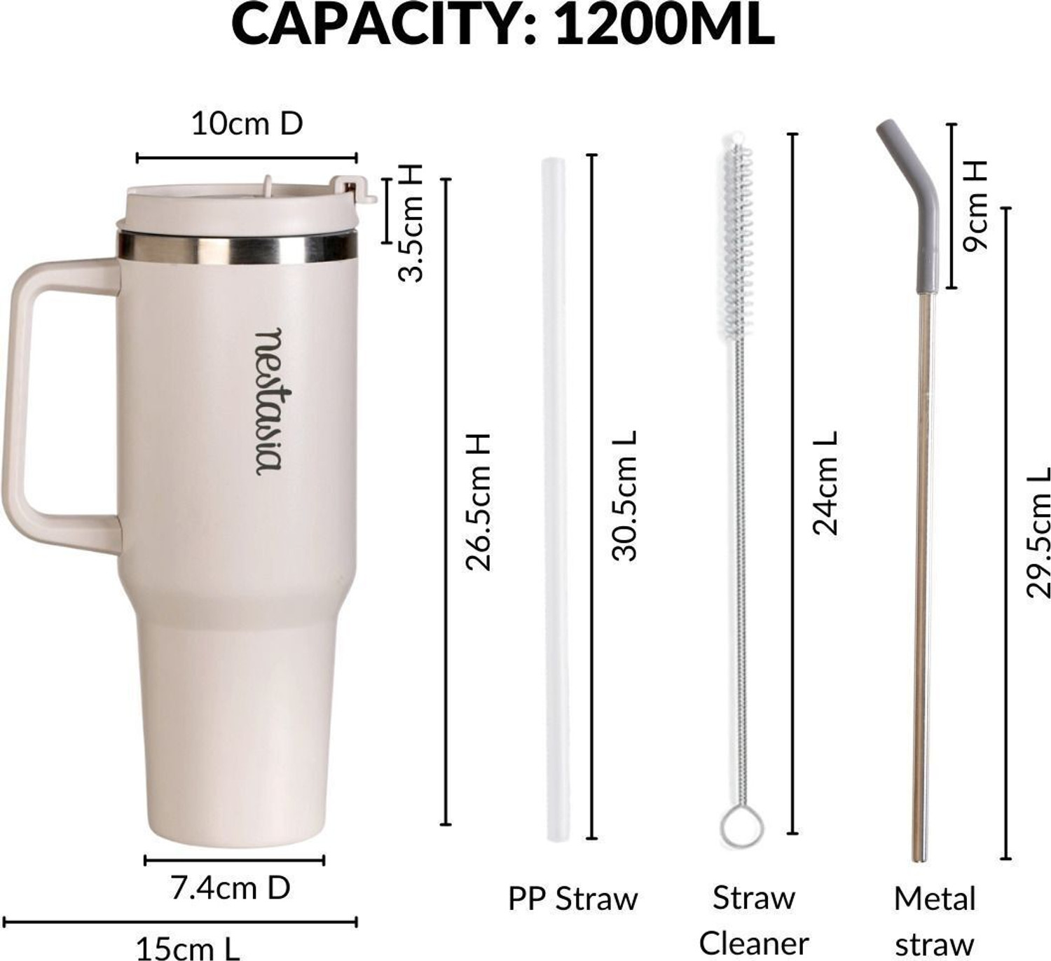 Image of Nestasia GripSip 40 Insulated Tumbler Bottle With Side Handle Vanilla Oatmilk 1200 ml Stainless Steel Bottle