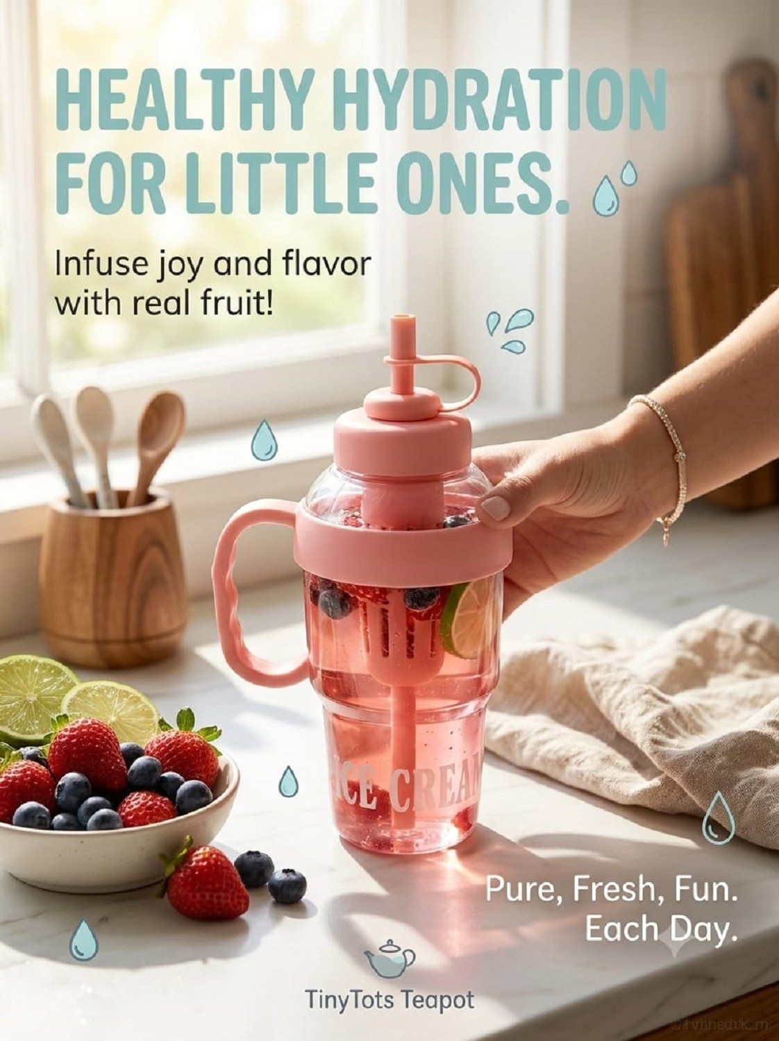 Image of Vmk Ice Cream Water Bottle with Stirrer & Straw, 1200 ml Plastic Bottle (Pack of 1, Pink)