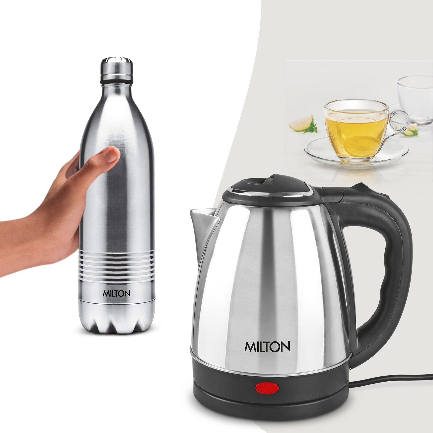 Image of MILTON Go Electric Stainless Steel Kettle, 1.2 Litres and Duo Dlx Bottle, 1 Litres 2200 ml Steel Flask