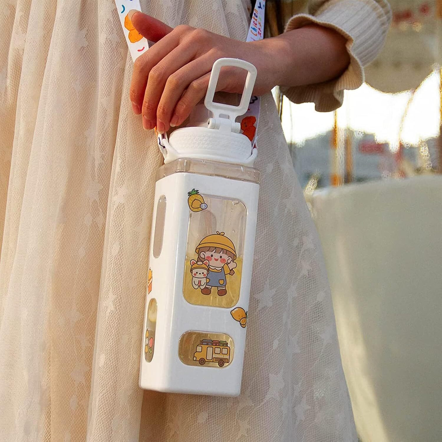 Image of DHANVI ENTERPRISE Cute 700ml Kawaii Water Bottle with Straw 3D Sticker and Stickers with belt 700 ml Plastic Sipper