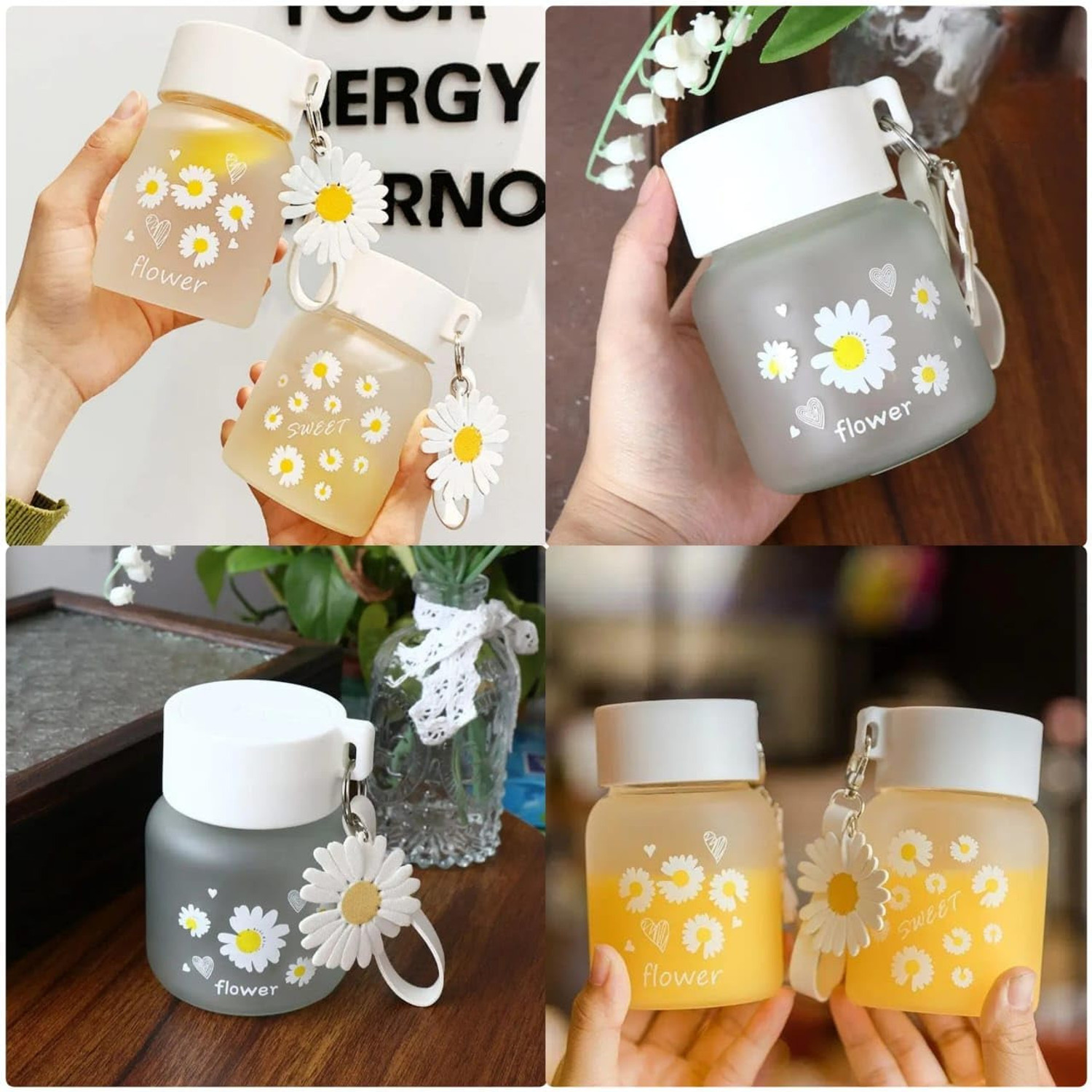 Image of GOSK Enterprise Cute Flower Small Water Bottle Travel Cup With Lid Glass Coffee Mug 300 ml Glass, Plastic Bottle