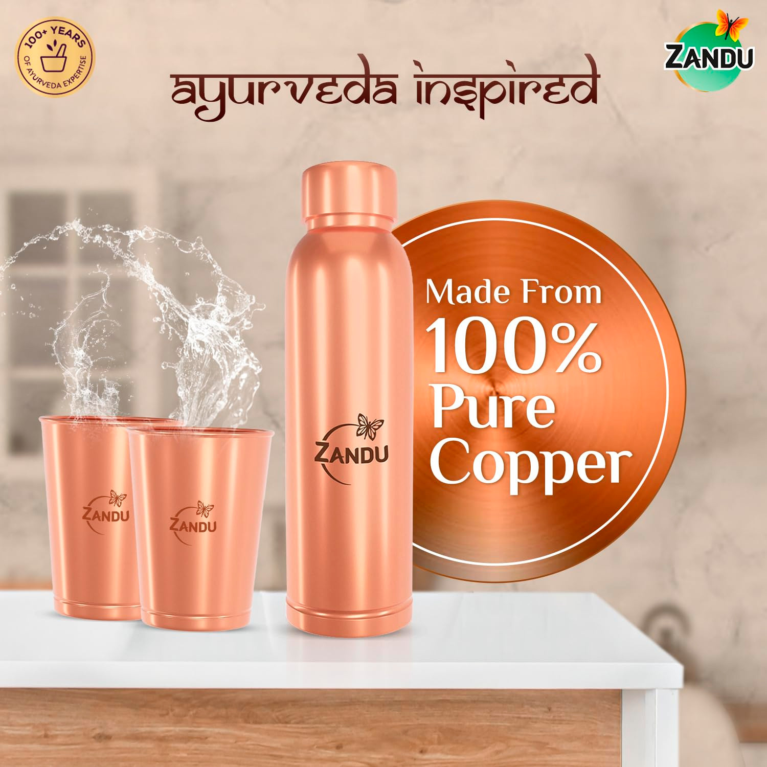 Image of ZANDU Gift Set Pack (1 Bottle & 2 Tumbler) 1550 ml Copper Bottle With Drinking Glass