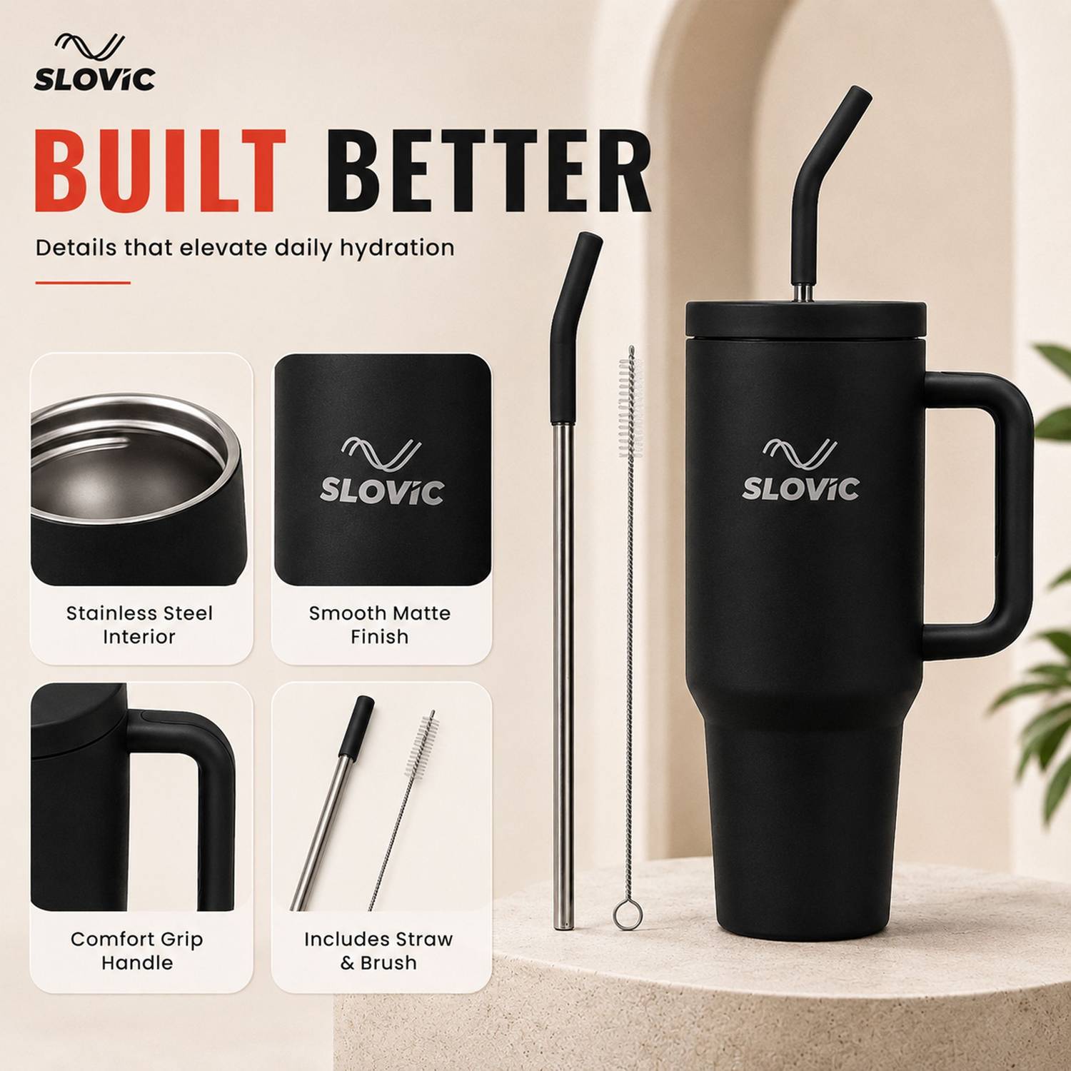 SLOVIC 1200ml Stainless Steel Water Bottle with Straw - Image 3