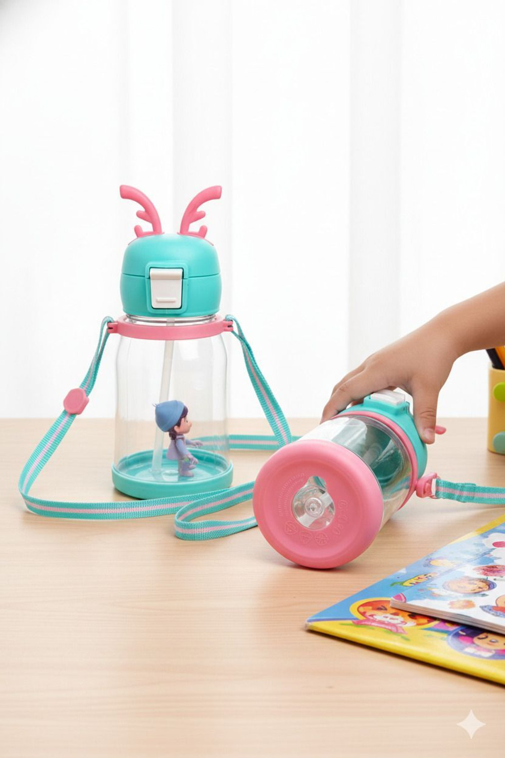 Image of BELLERBIRD Cartoon Design Bottle with Straw & Strap , Anti-Leak Proof Water Bottle for Kids 600 ml Plastic Bottle