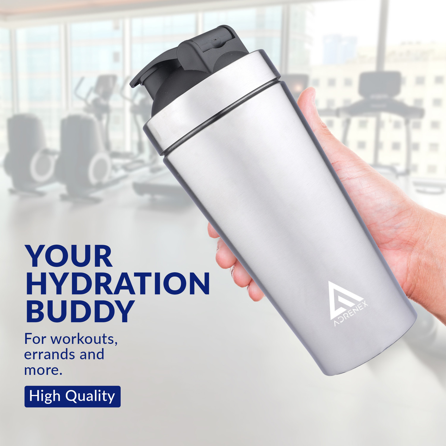 Image of Adrenex Stainless Steel Gym Shaker Bottle for Protein Shake, 700 ml, 100% Leakproof 700 ml Stainless Steel Shaker