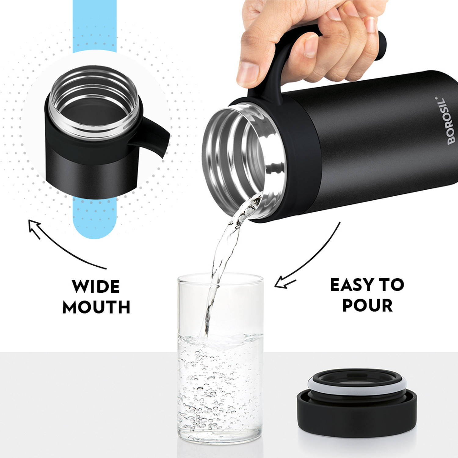 Image of BOROSIL Caf� Time Stainless Steel Vacuum Insulated Mug, 10 Hrs Hot & Cold Flask, Black 400 ml Steel Flask
