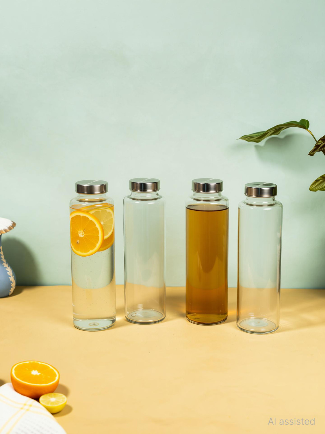 Image of AAnami Glass Fridge Water Bottle with Steel Cap | Leak proof & detox water bottle 1000 ml Glass Bottle