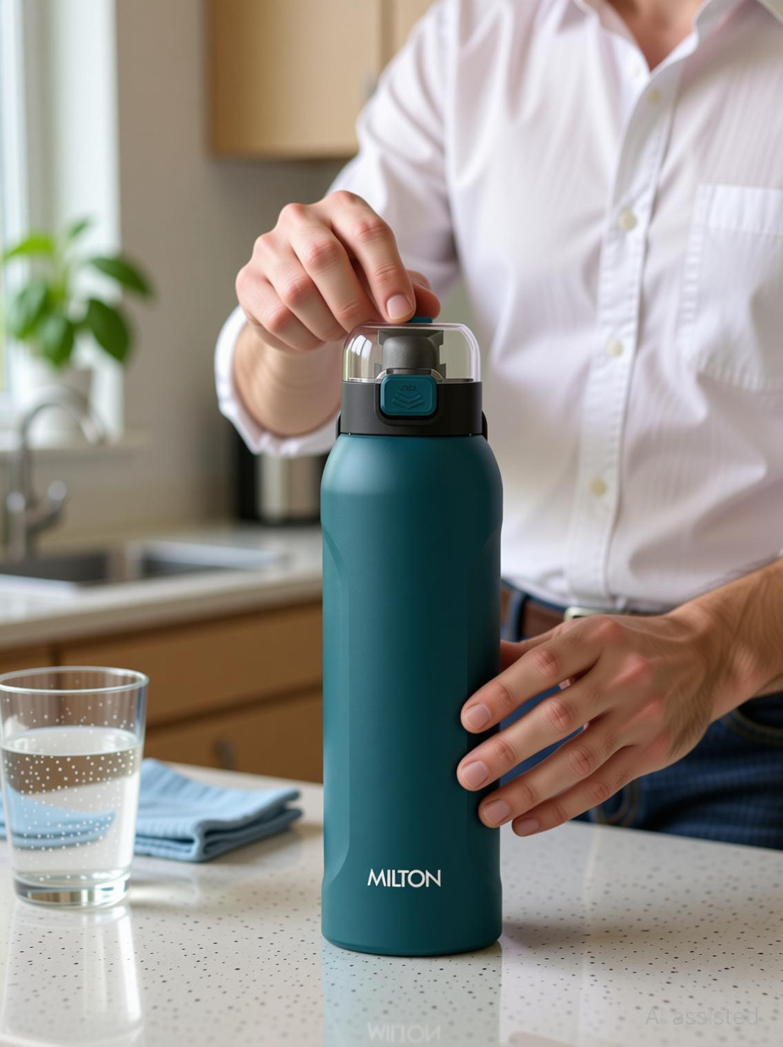 Image of MILTON Dual Flow 600 Thermosteel Water Bottle 595 ml with Twin Lid Sip or Gulp, Green 595 ml Stainless Steel Bottle