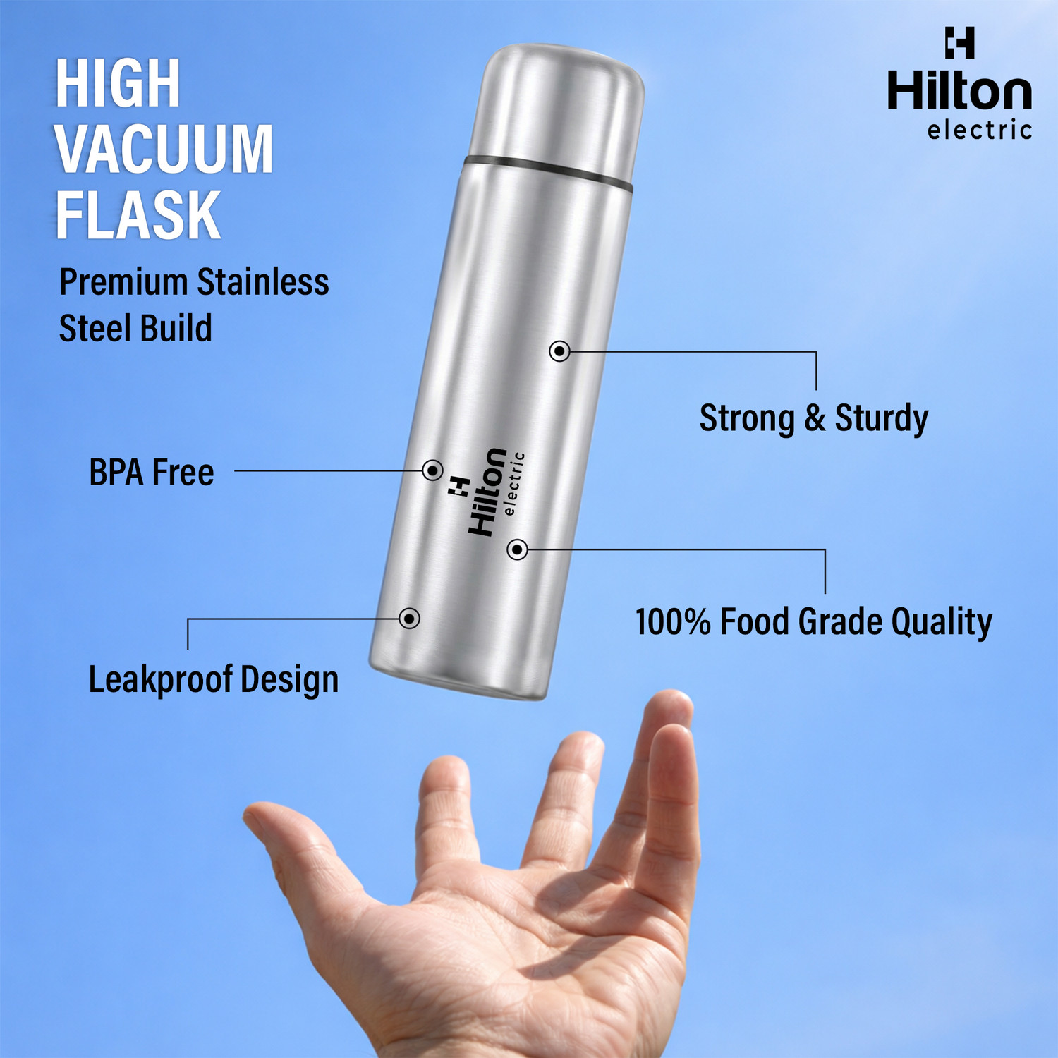 Image of HILTON Stainless Steel Vacuum Insulated Flask, 24hrs. Hot & Cold Thermos, BPA-Free 350 ml Stainless Steel Flask