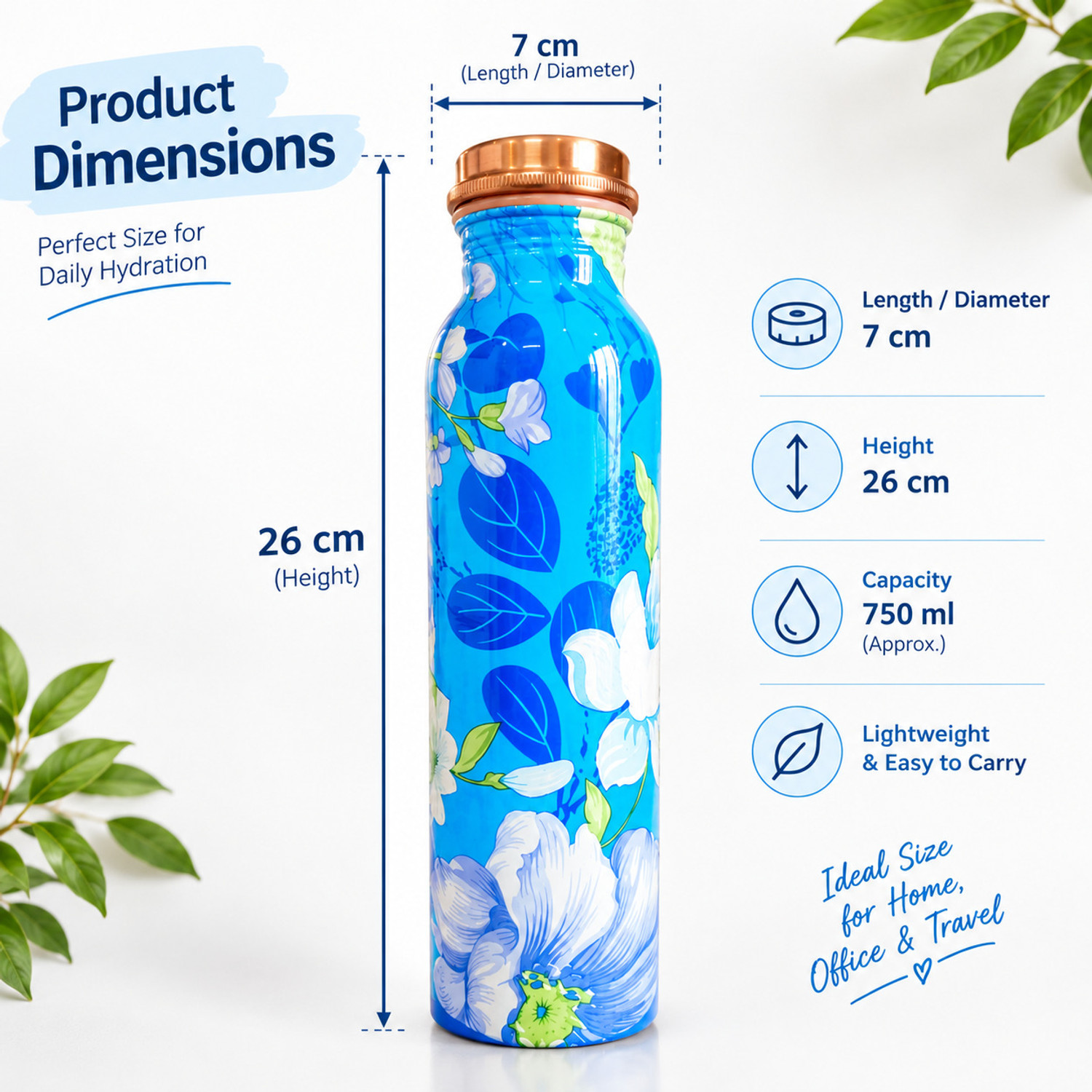 Image of copper+ Antique Blue Flower Design Pure Copper Water Bottle | Stylish & Premium 950 ml Copper Bottle (Pack of 1, Multicolor)