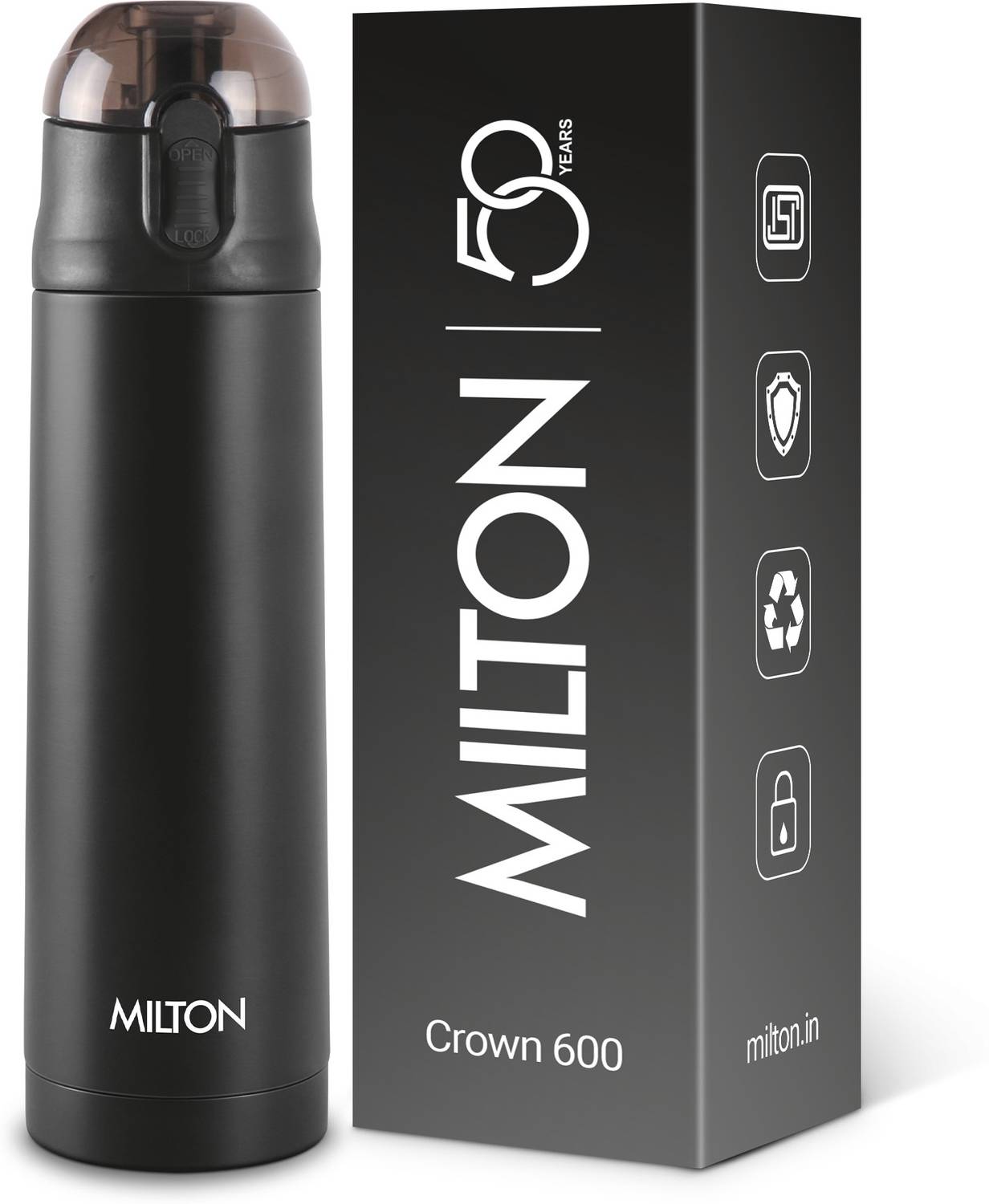 MILTON New Crown 600 Thermosteel Water Bottle, ISI Certified, 24 Hr Hot and Cold 500 ml Steel Flask