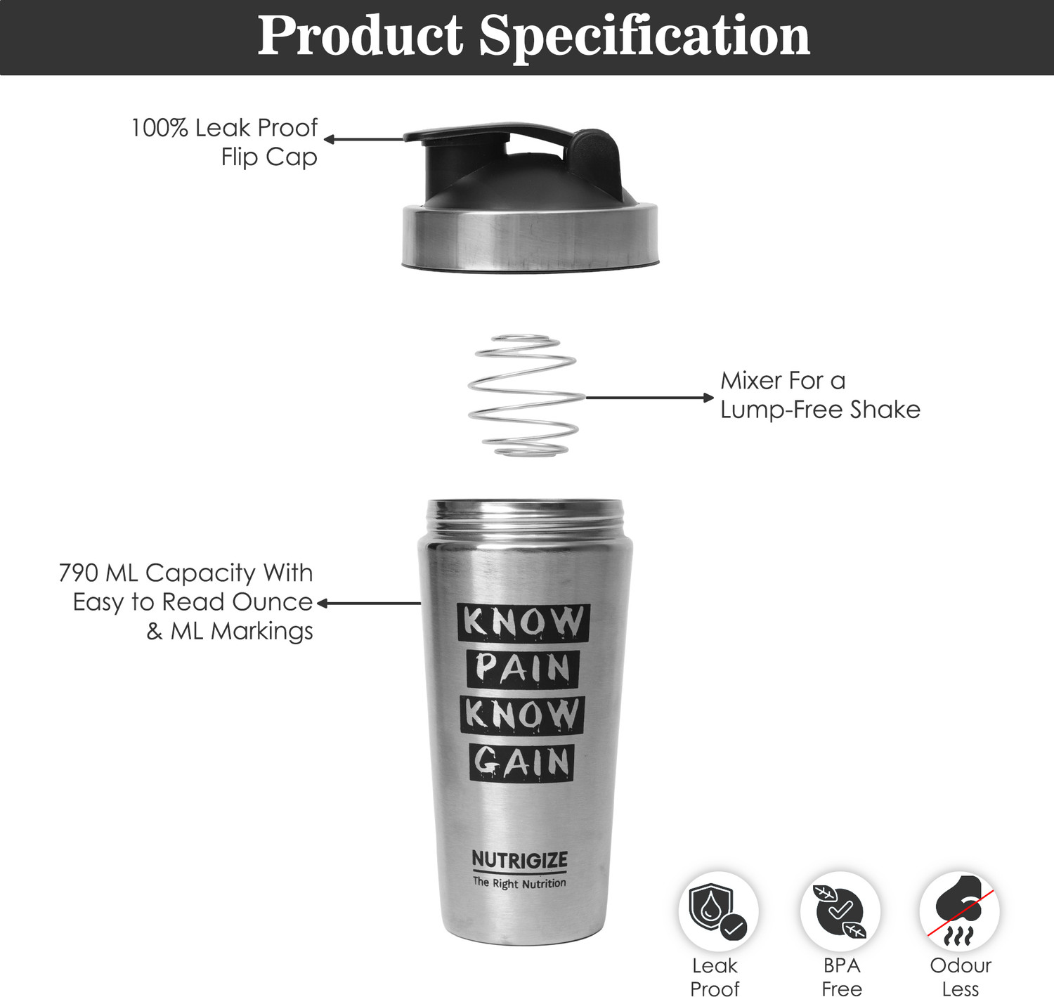 Image of Nutrigize Stainless Steel Shaker Bottle for Gym | Leak Proof | Shaker Bottle Steel 739 ml Steel Shaker