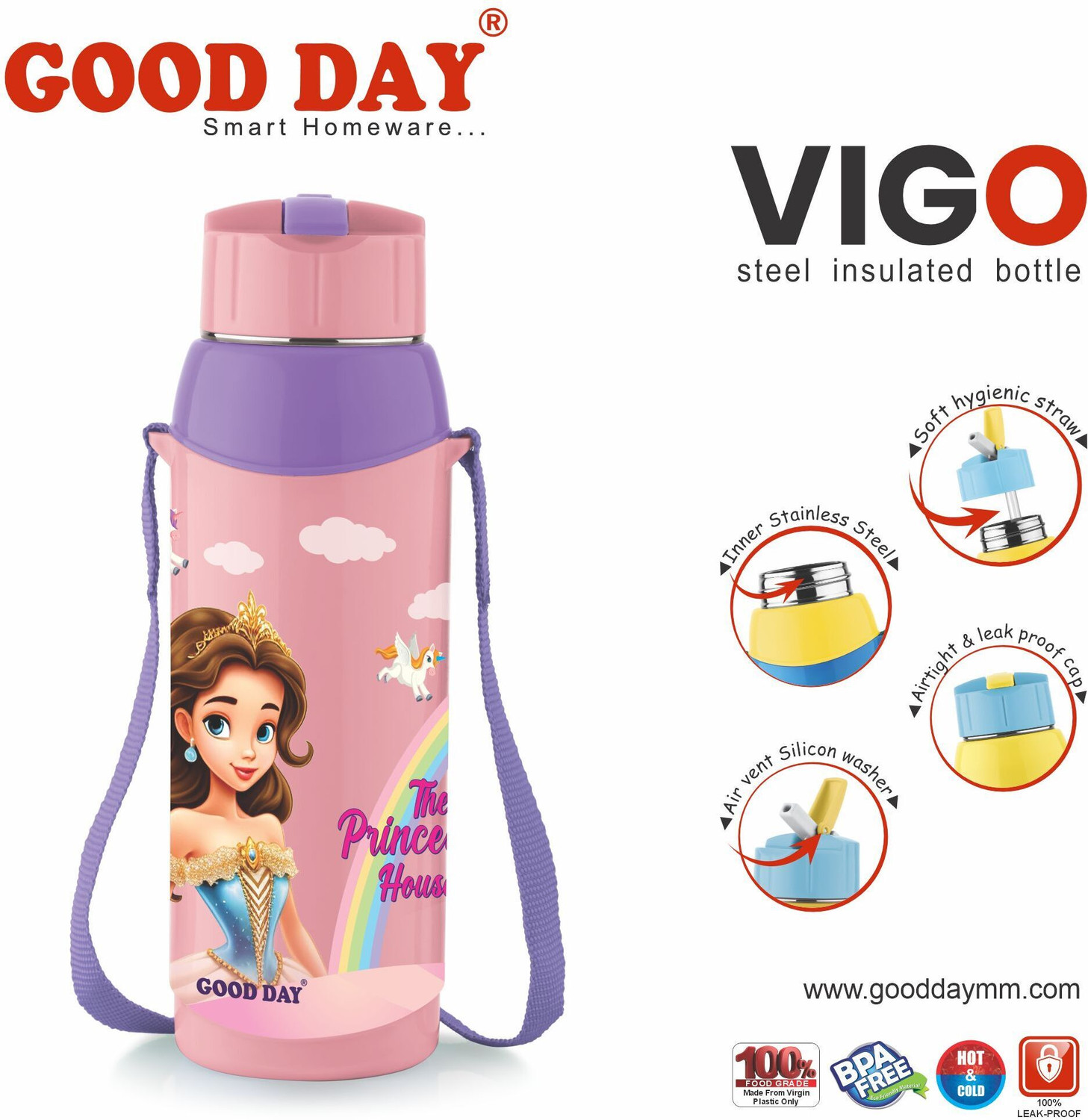 Image of Good Day Vigo 600 Stainless Steel Insulated Water Bottle For Kids | 520 ml Plastic Bottle