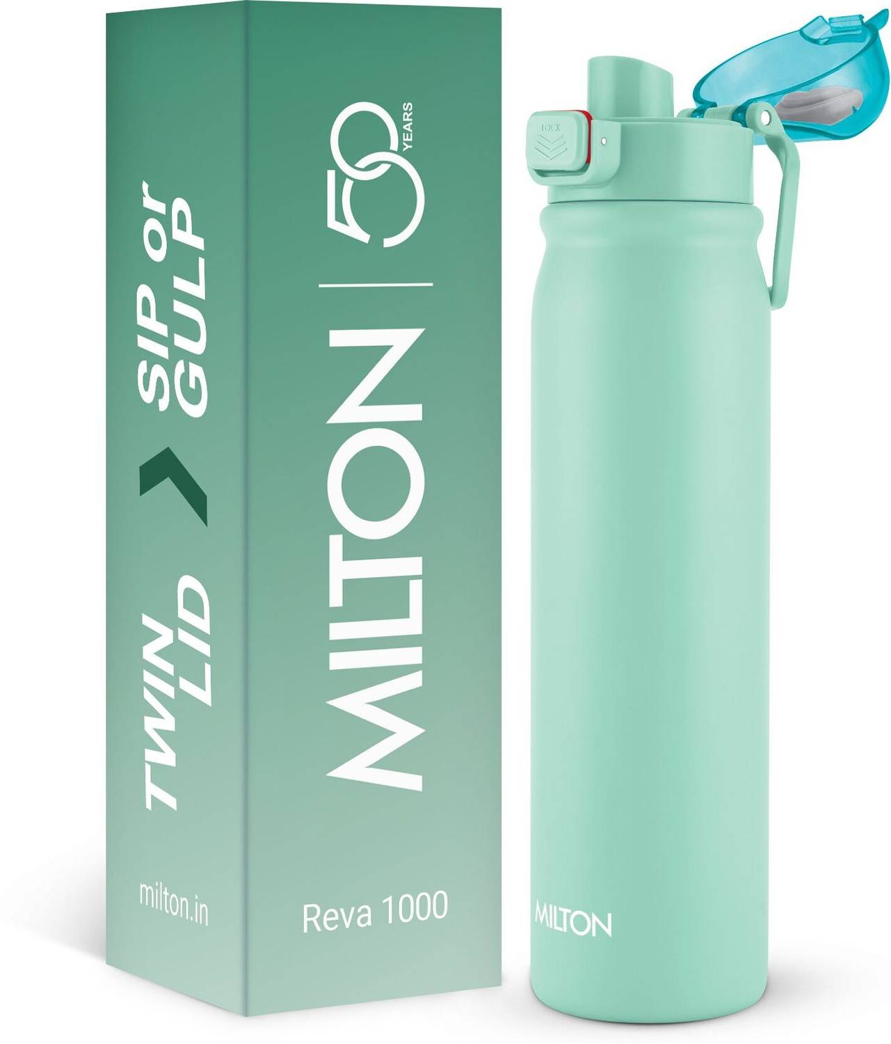 MILTON Reva 1000 Steel Water Bottle with Twin Lid Sip or Gulp, 1 Litre Aqua Green 1000 ml Stainless Steel Bottle