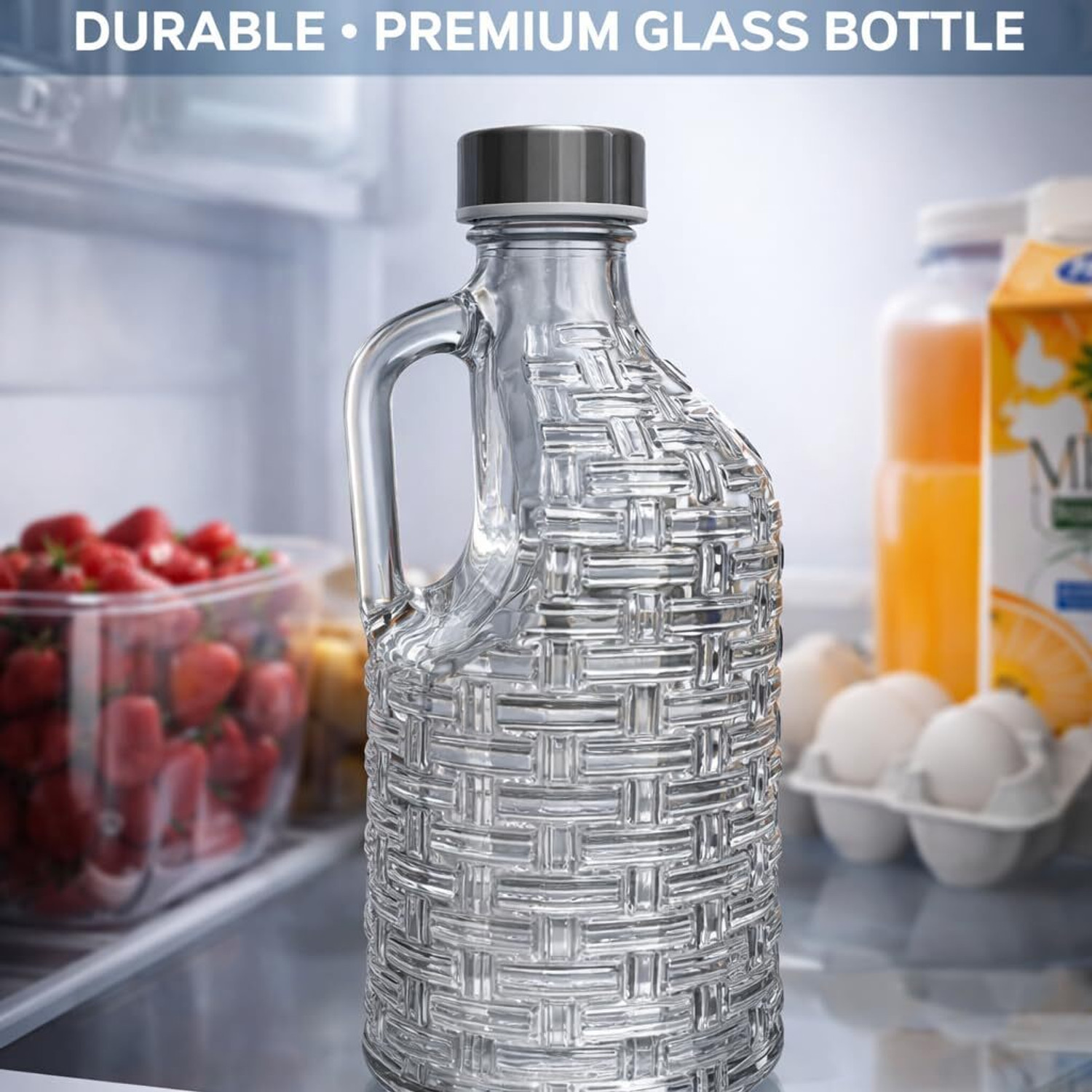 Image of The Elmas Store Premium Transparent Glass Water Bottle with Handle - 1100 ml 1100 ml Glass Bottle (Pack of 1, Silver)
