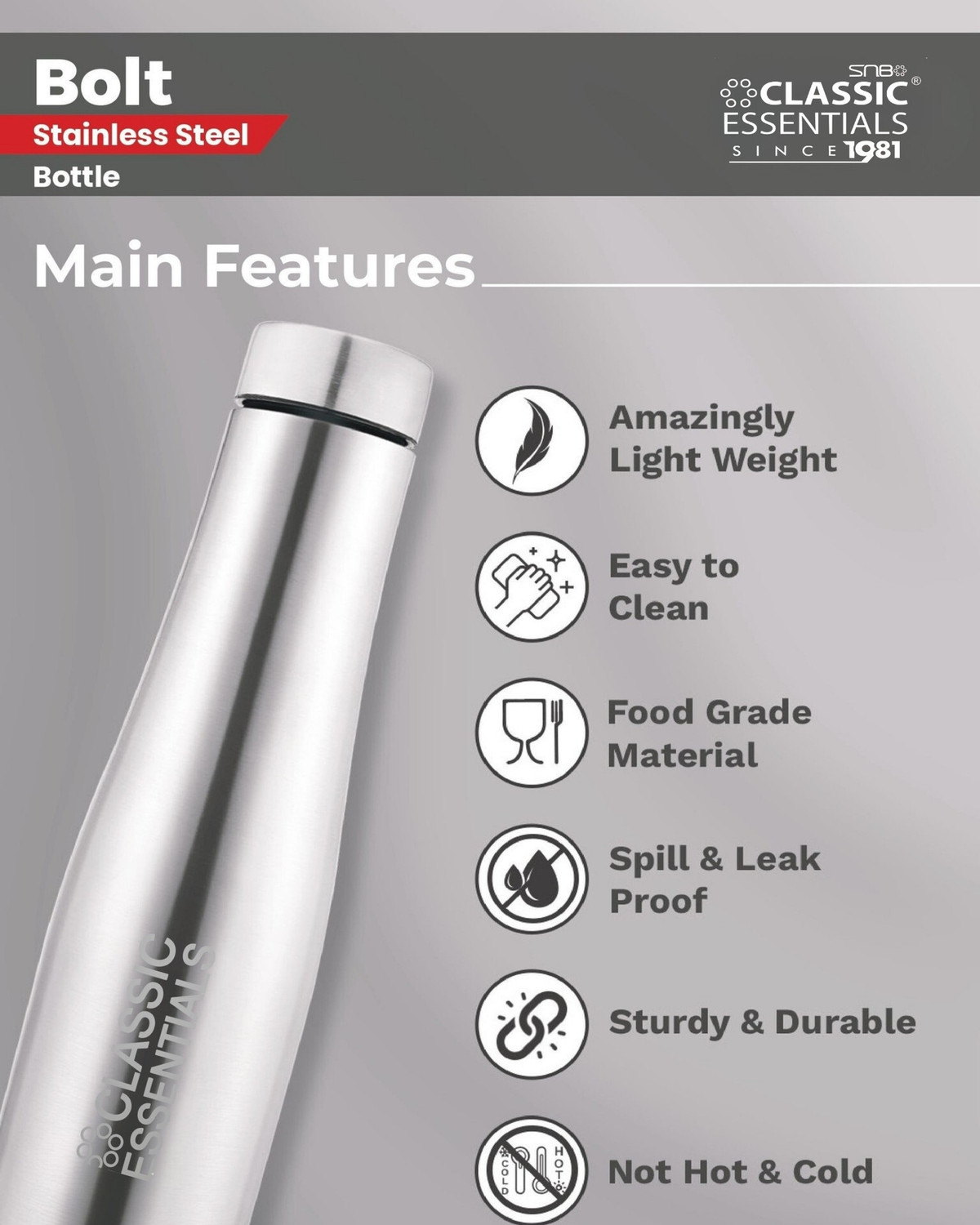 Image of Classic Essentials Stainless Steel Sports /Fridge Puro Water Bottle I Single wall 1000 ml Steel Bottle