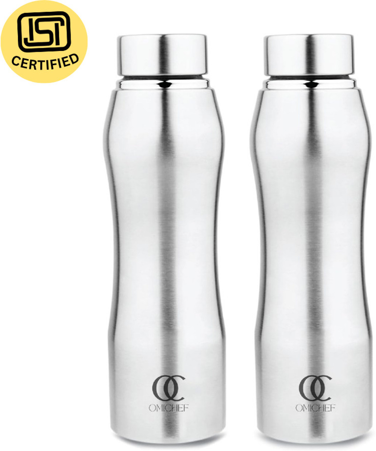 Image of Omichef Curvy Stainless Steel 1 Litre Single Walled & Fridge Water Bottle For Daily Use 1000 ml Steel Bottle (Pack of 2, Silver)