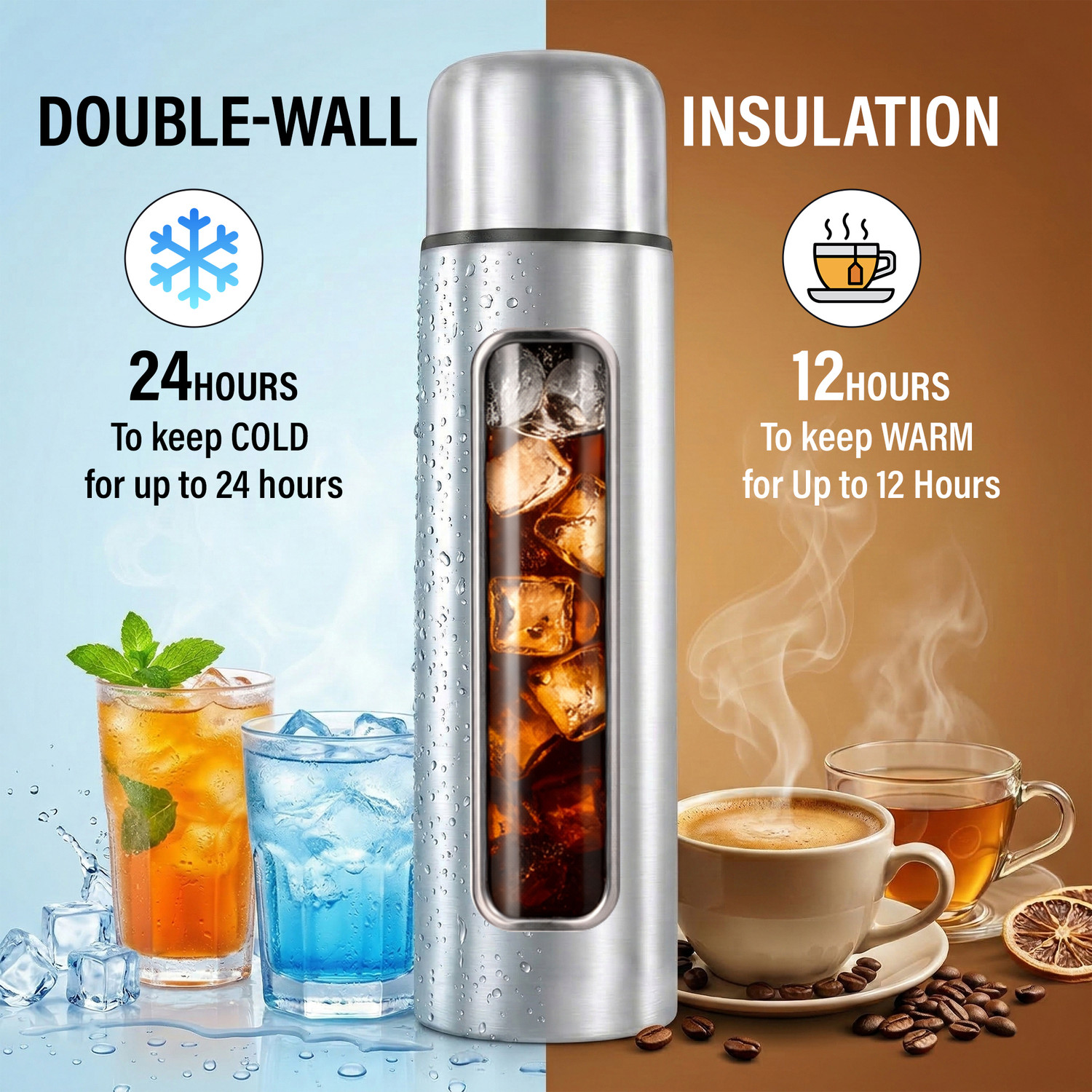 Image of HILTON Stainless Steel Vacuum Insulated Flask, 24hrs. Hot & Cold Thermos, BPA-Free 350 ml Stainless Steel Flask