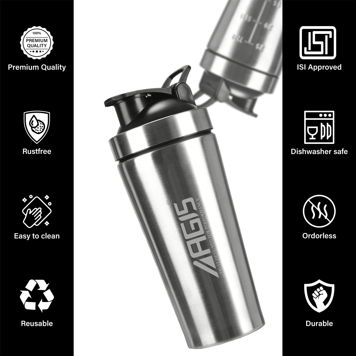 Image of agis Steel Shaker Shaker Bottle for Protein Shakes | Leakproof | Bpa-Free 700 ml Steel Shaker