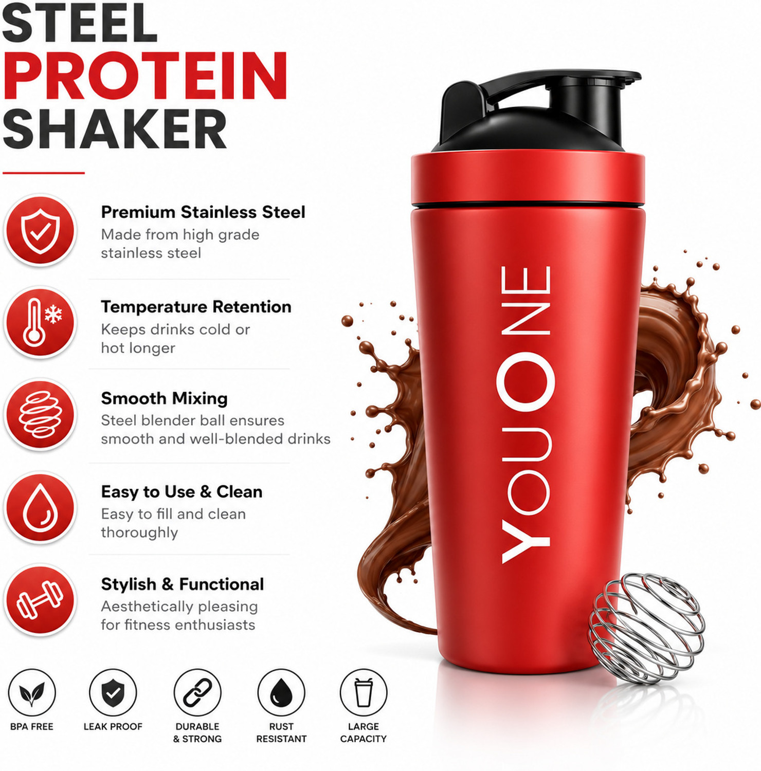 Image of Youone Steel Shaker Bottles For Gym Leakproof Guarantee, Ideal For Protein, Pre Workout 750 ml Steel Shaker (Pack of 1, Red)