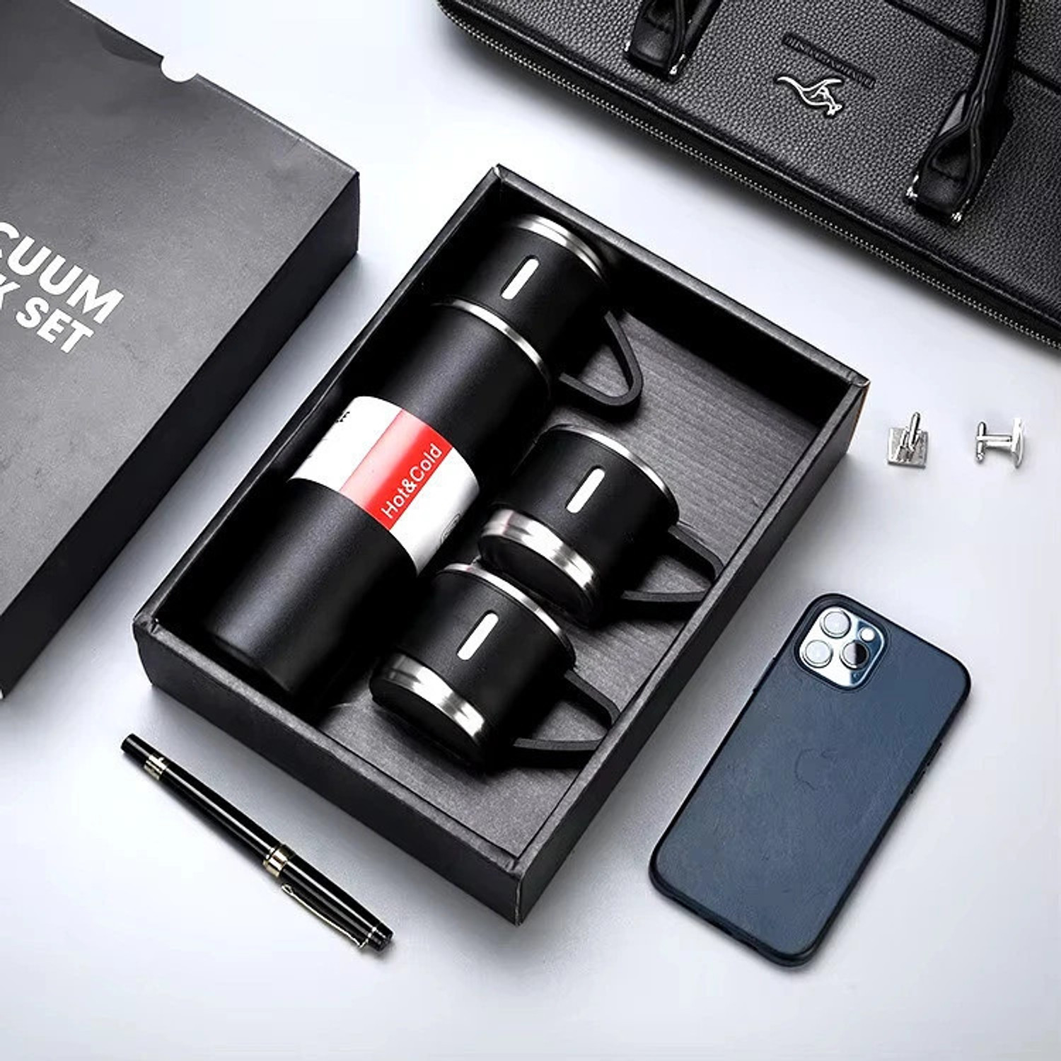 Image of NEXIS Vacuum Insulated Flask set 3 Cup set for Hot & Cold Drink (Gift Set) 500 ml Steel Flask