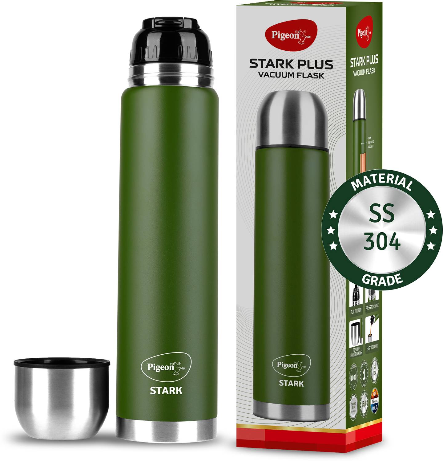Pigeon Stark Plus 1000 ml Olive Steel Flask - Image 1