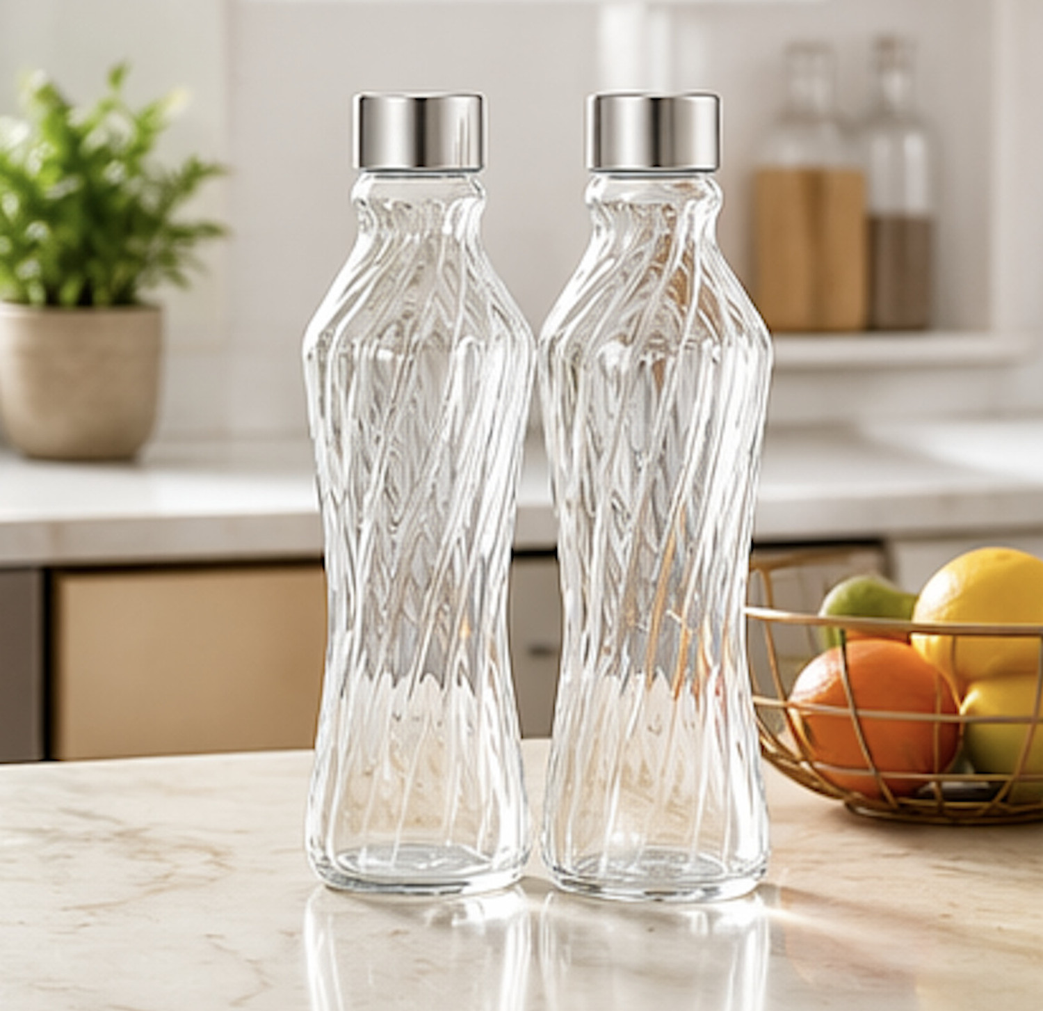 Image of KanchKart Twisted Clear Glass Bottle 1000ml Set of 2 1000 ml Glass Bottle