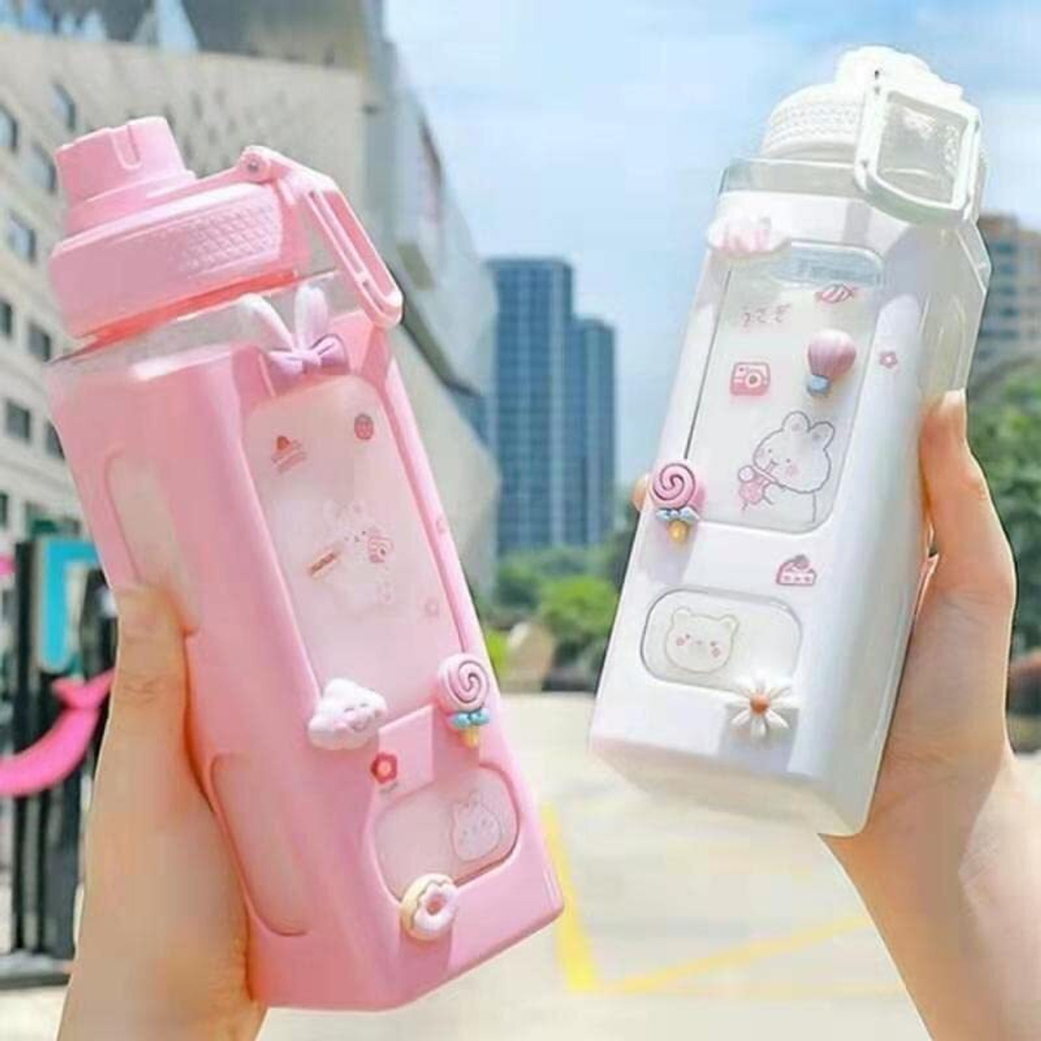 Image of AVIRA OVERSEAS Kawaii Water Bottle with Straw and Sticker, Kawaii Bear Water Bottle 1000 ml Plastic Bottle