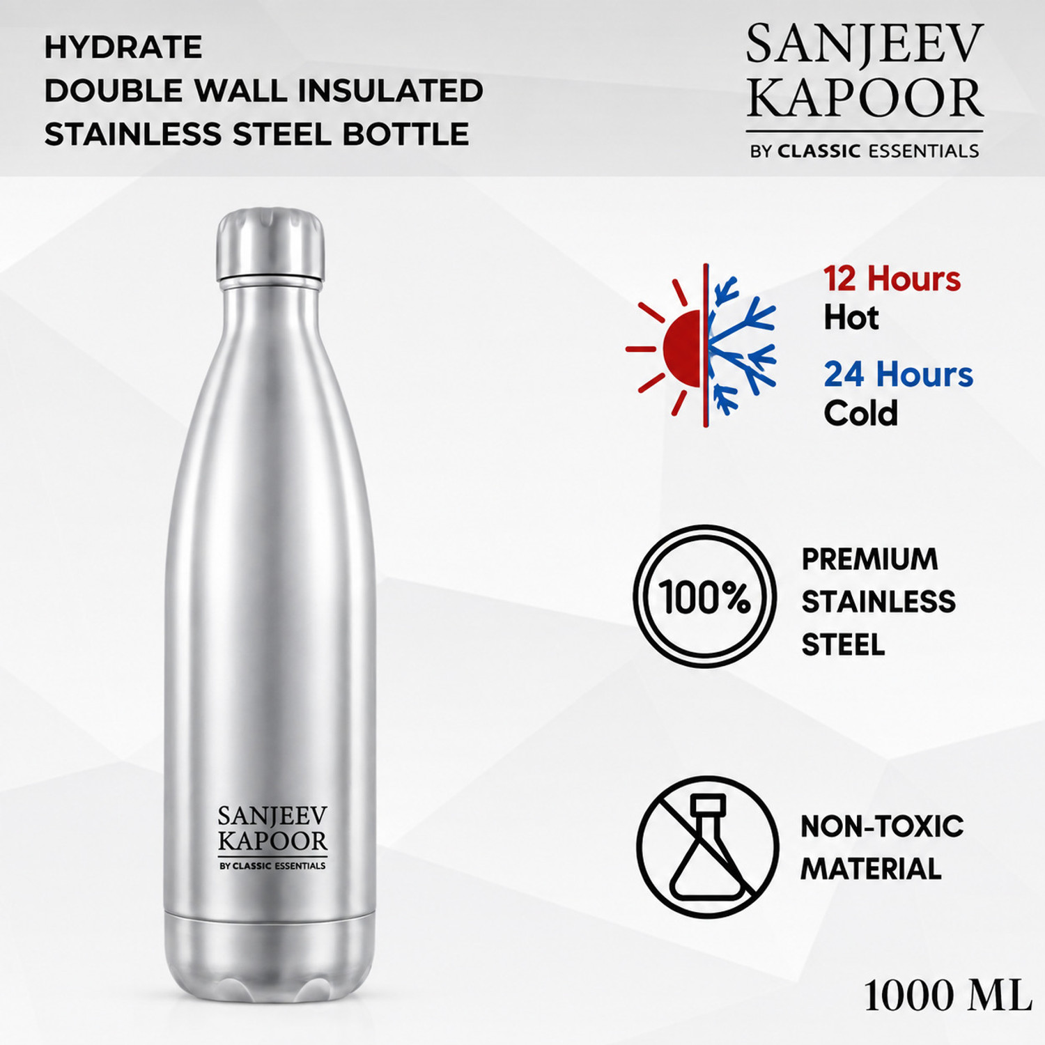 Image of Classic Essentials Insulated Double Wall Vacuum Stainless Steel Water Bottle 750 ml Steel Flask (Pack of 1, Silver)