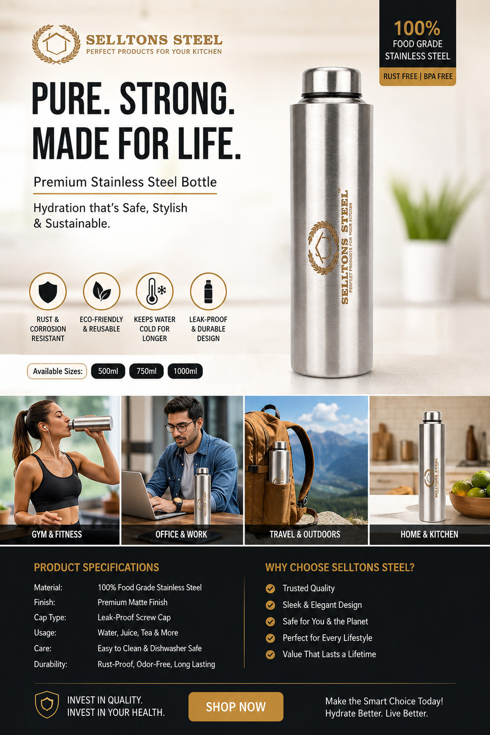 Image of SELLTONS STEEL Stainless Steel Water Office,School,Gym Bottle Set of 6 1000 ml Steel Bottle