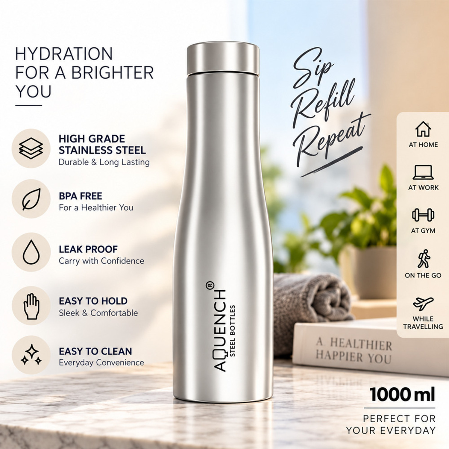 Image of AQUENCH FLOW 1000 ml Stainless Steel Bottle (Pack of 1, Steel /Chrome)