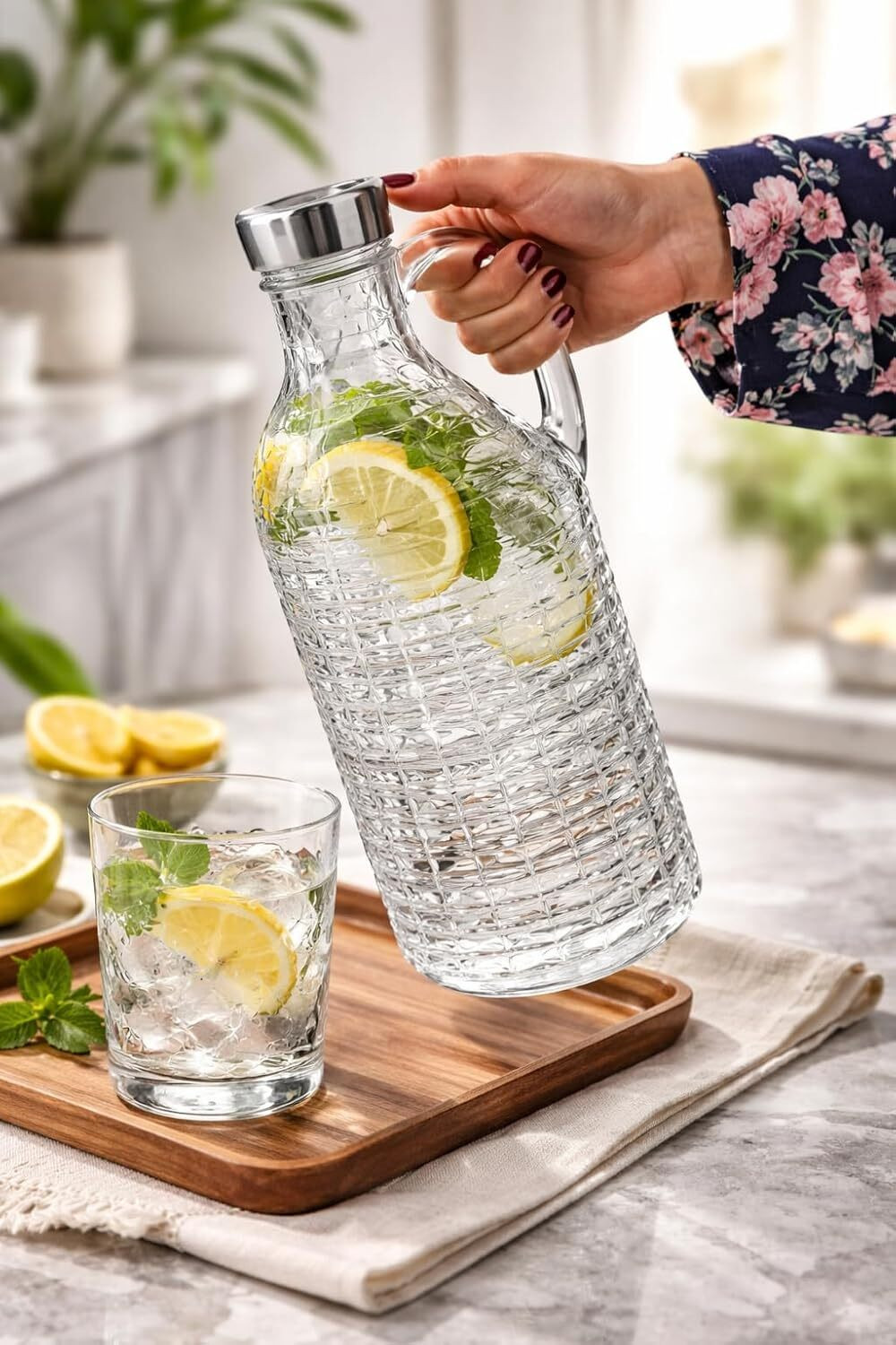 Image of The Elmas Store Premium Transparent Glass Water Bottle with Handle - 1100 ml 1100 ml Glass Bottle (Pack of 1, Silver)